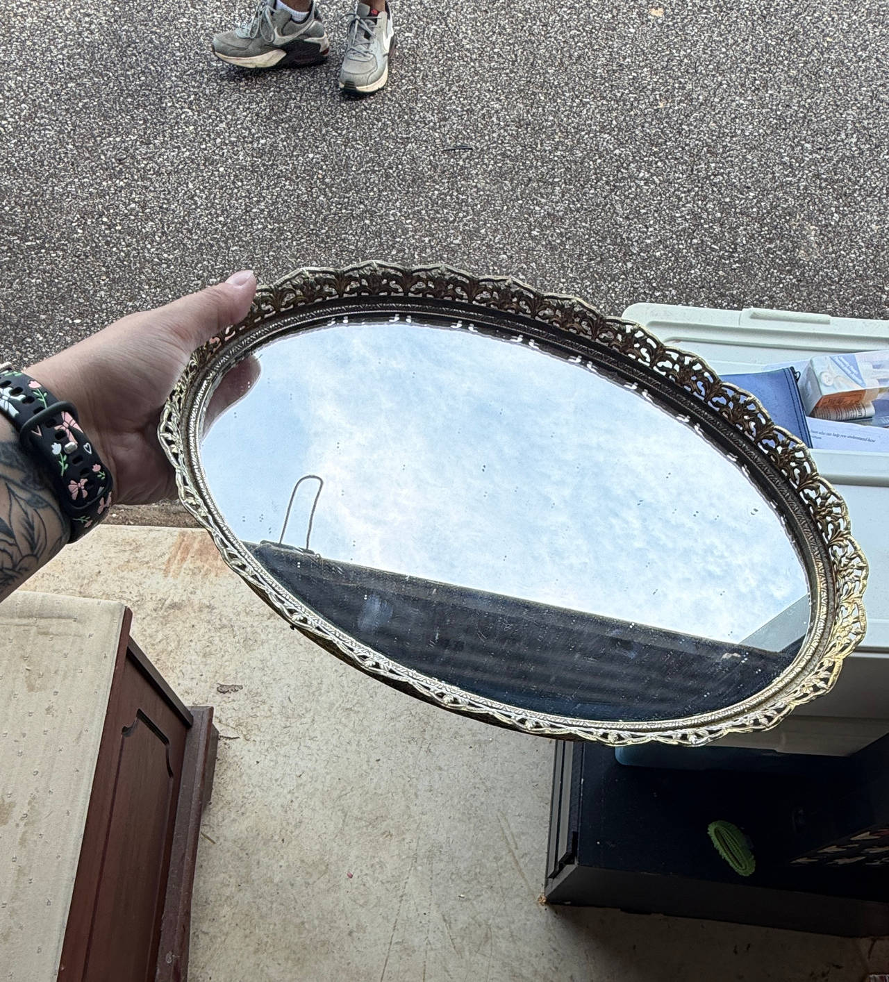 Vintage Oval Filigree Mirror Vanity Tray