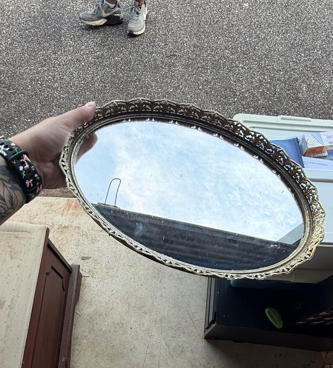 Vintage Oval Filigree Mirror Vanity Tray