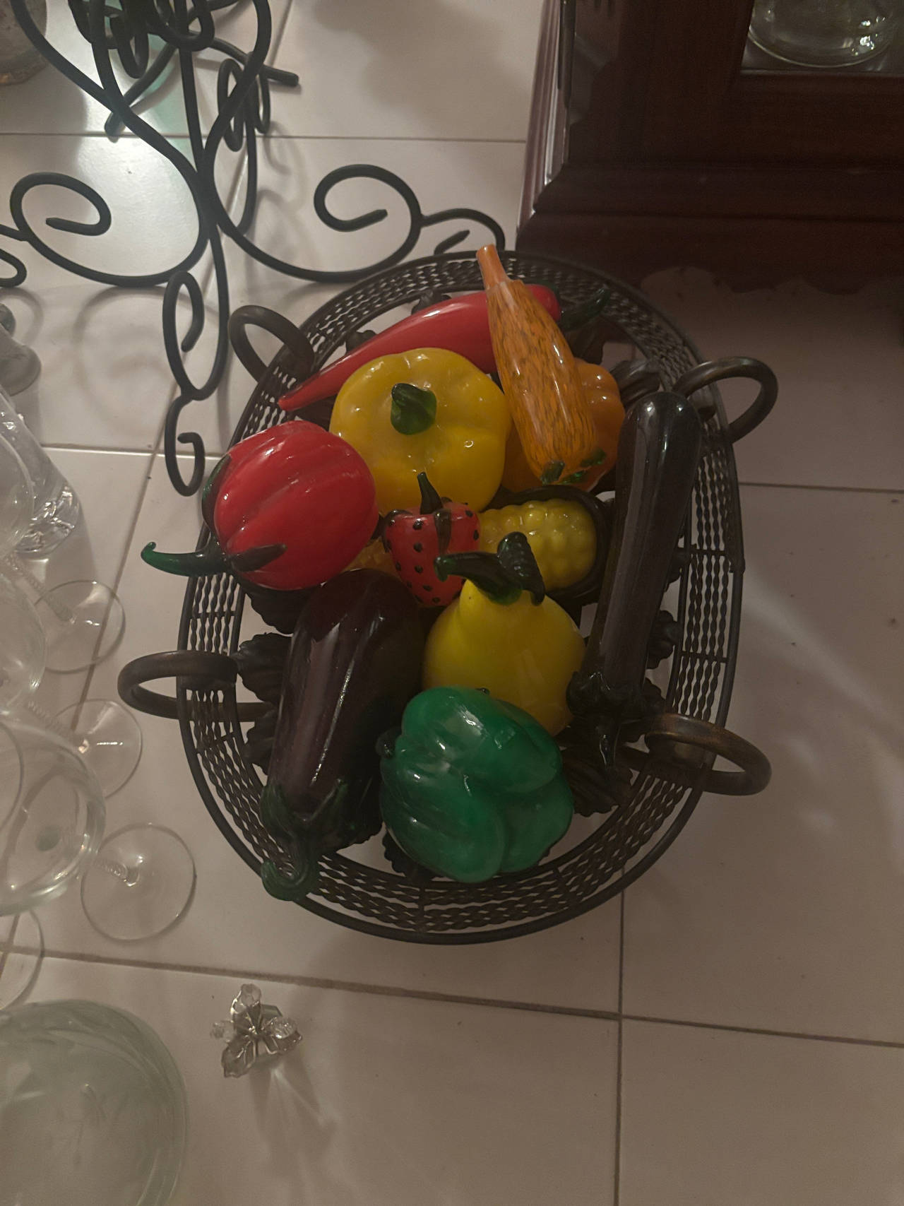 Vintage Glass Fruit and Vegetable Set with Wire Basket