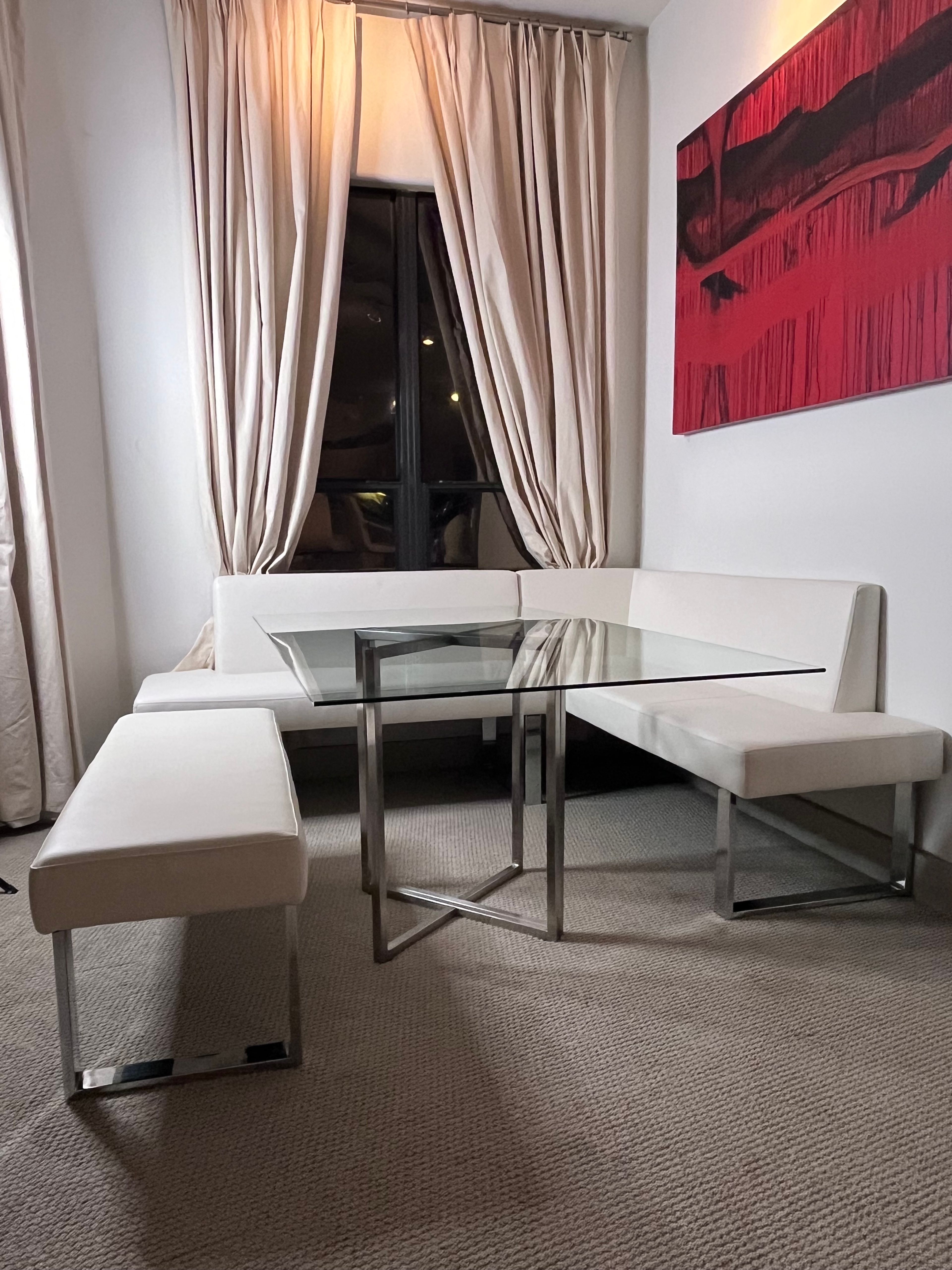 Armen Living Amanda Faux Leather Corner Bench off white dinning booth with glass - Image 9