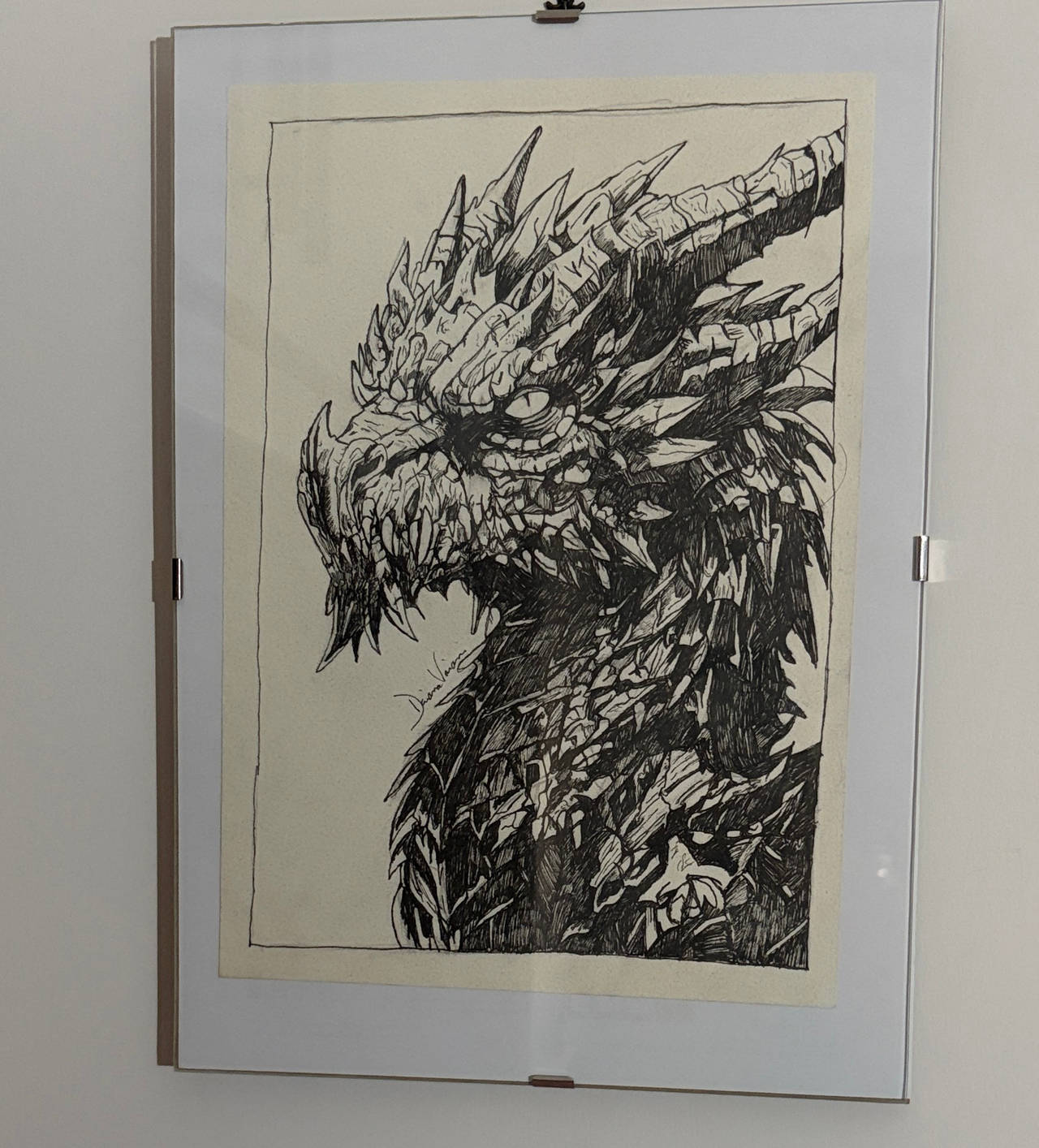 Original Dragon Ink Illustration in Clip Frame