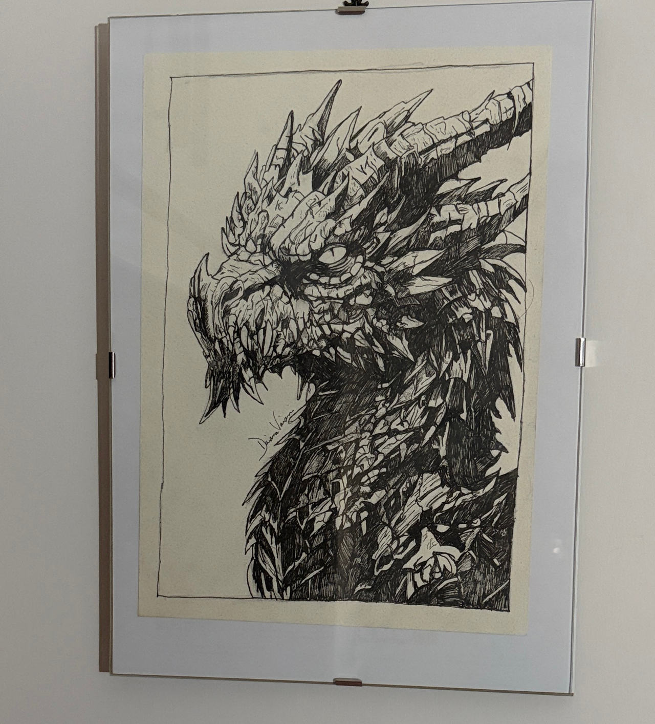 Original Dragon Ink Illustration in Clip Frame