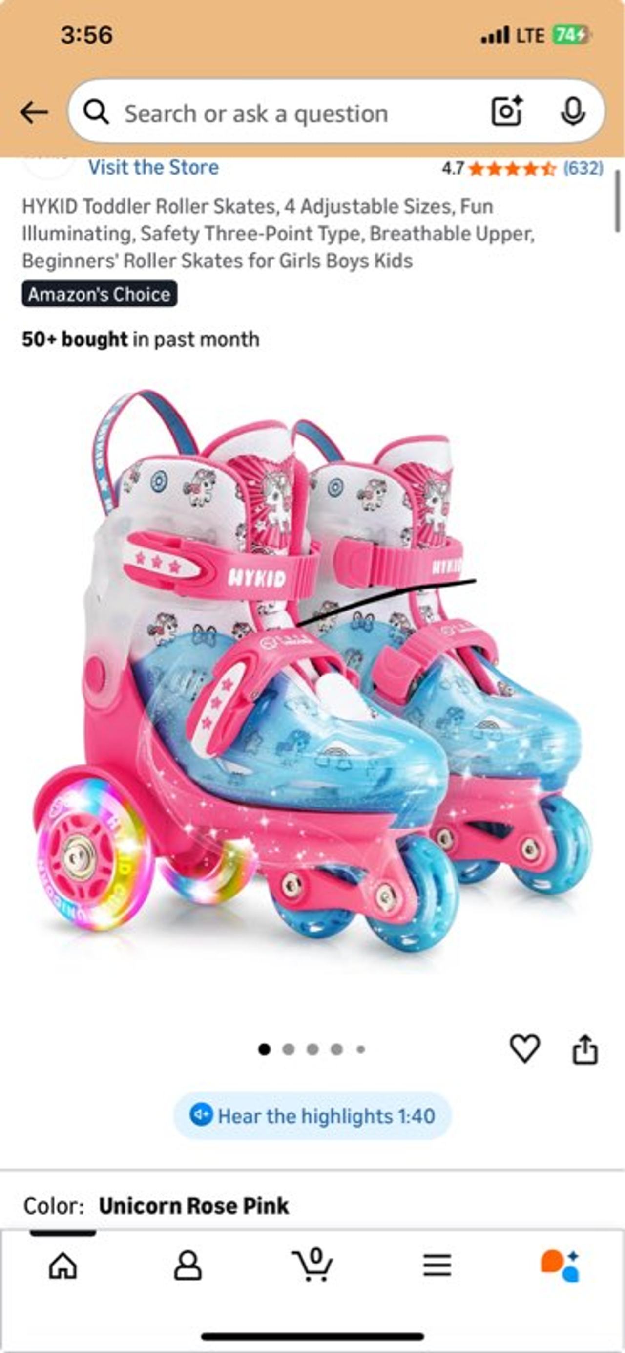 HYKID Kids Adjustable Unicorn Roller Skates with Light Up Wheels