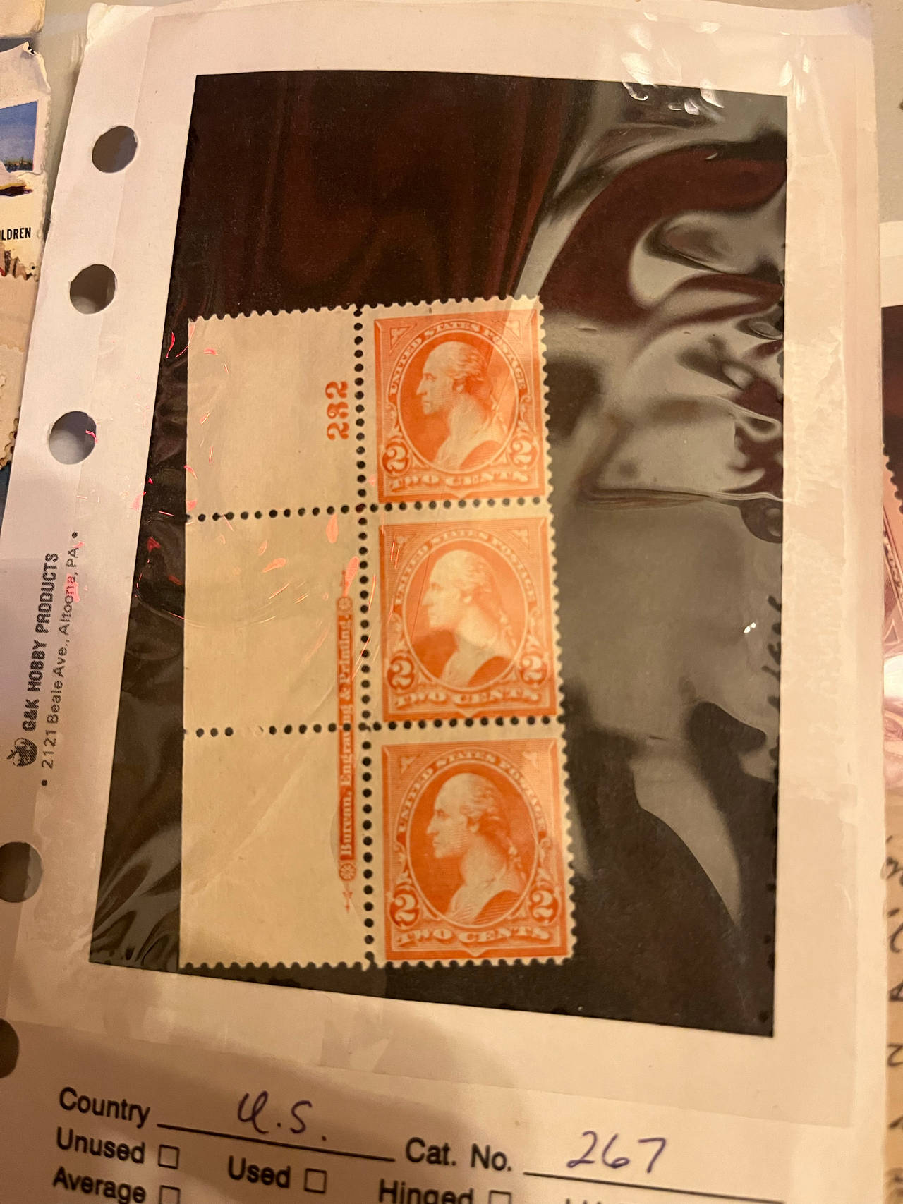 1895 2c George Washington Stamp Strip of 3 with Plate Number and Imprint