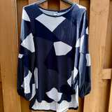 Lildy Tunic Women’s Size L - XL Long Sleeve Geometric Print Top Navy Blue White - Image 1