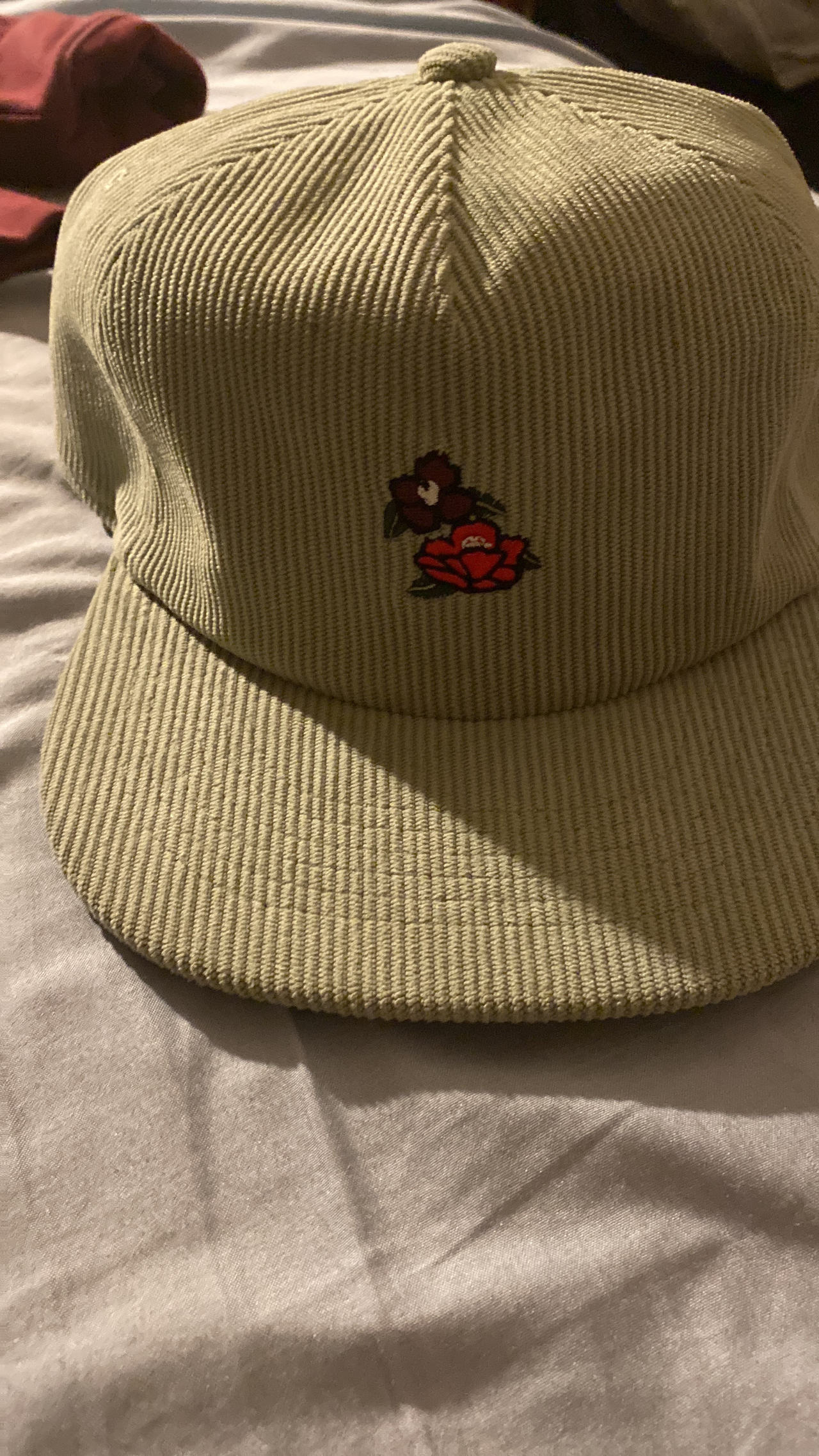 Corduroy Baseball Cap with Embroidered Rose and Bird