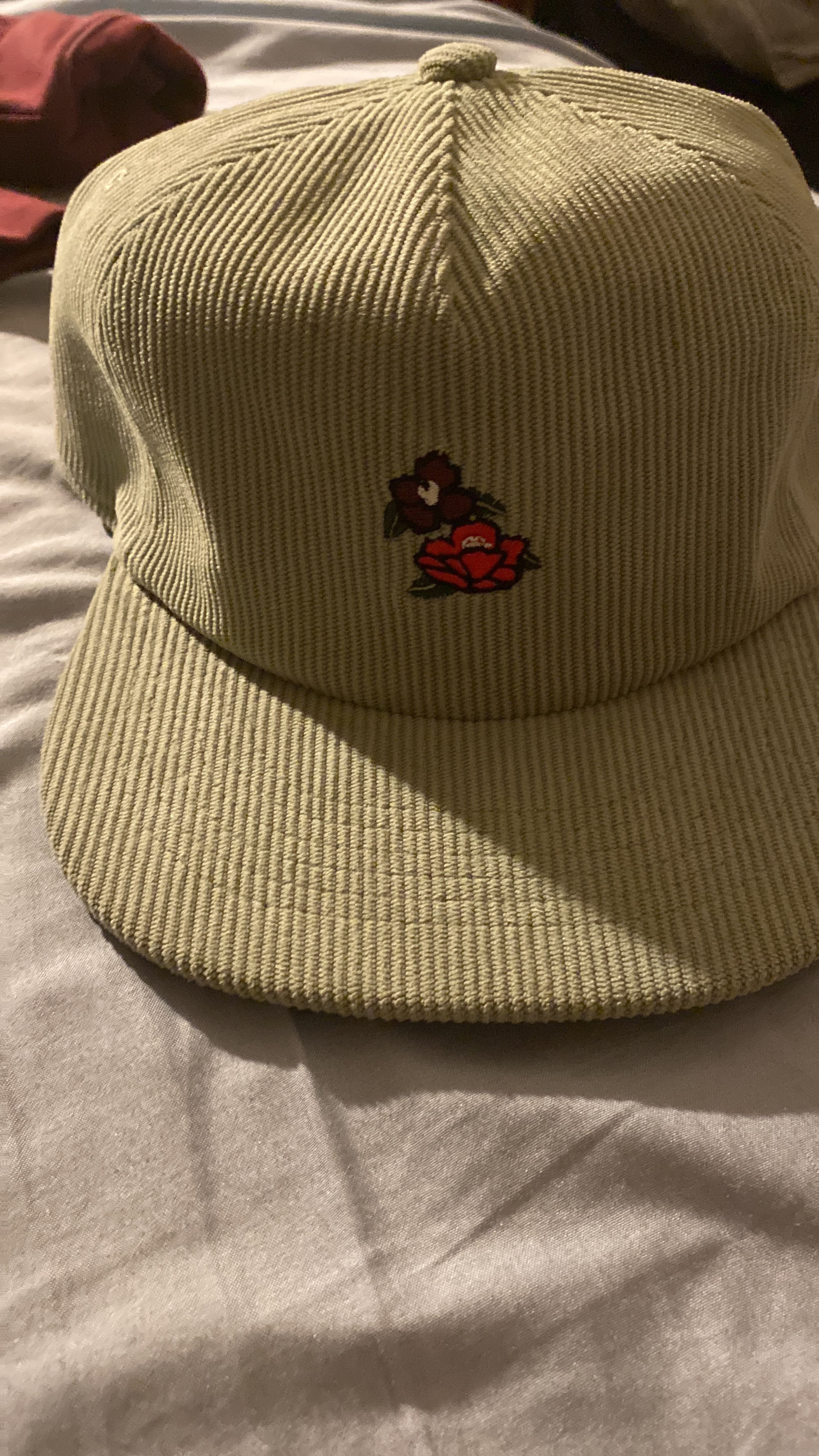 Corduroy Baseball Cap with Embroidered Rose and Bird