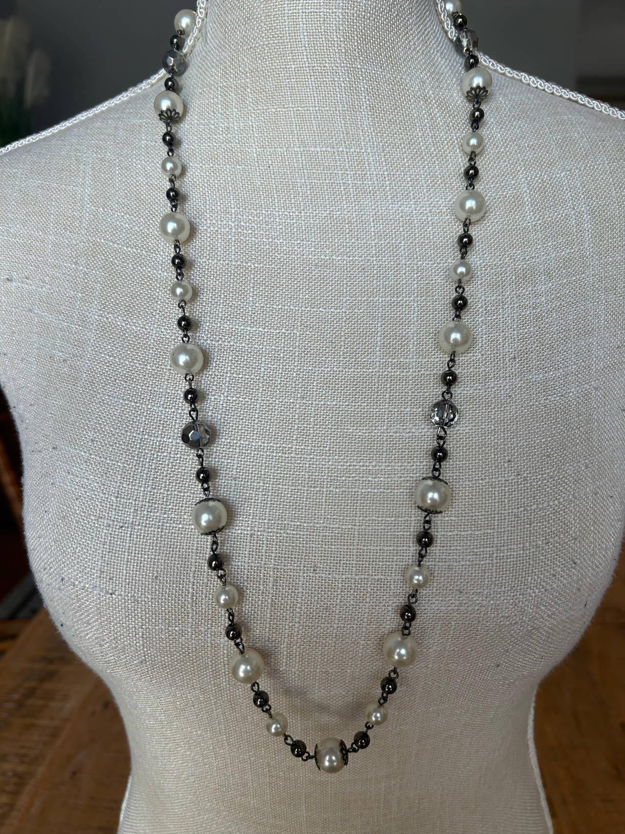 Long Faux Pearl Beaded Necklace