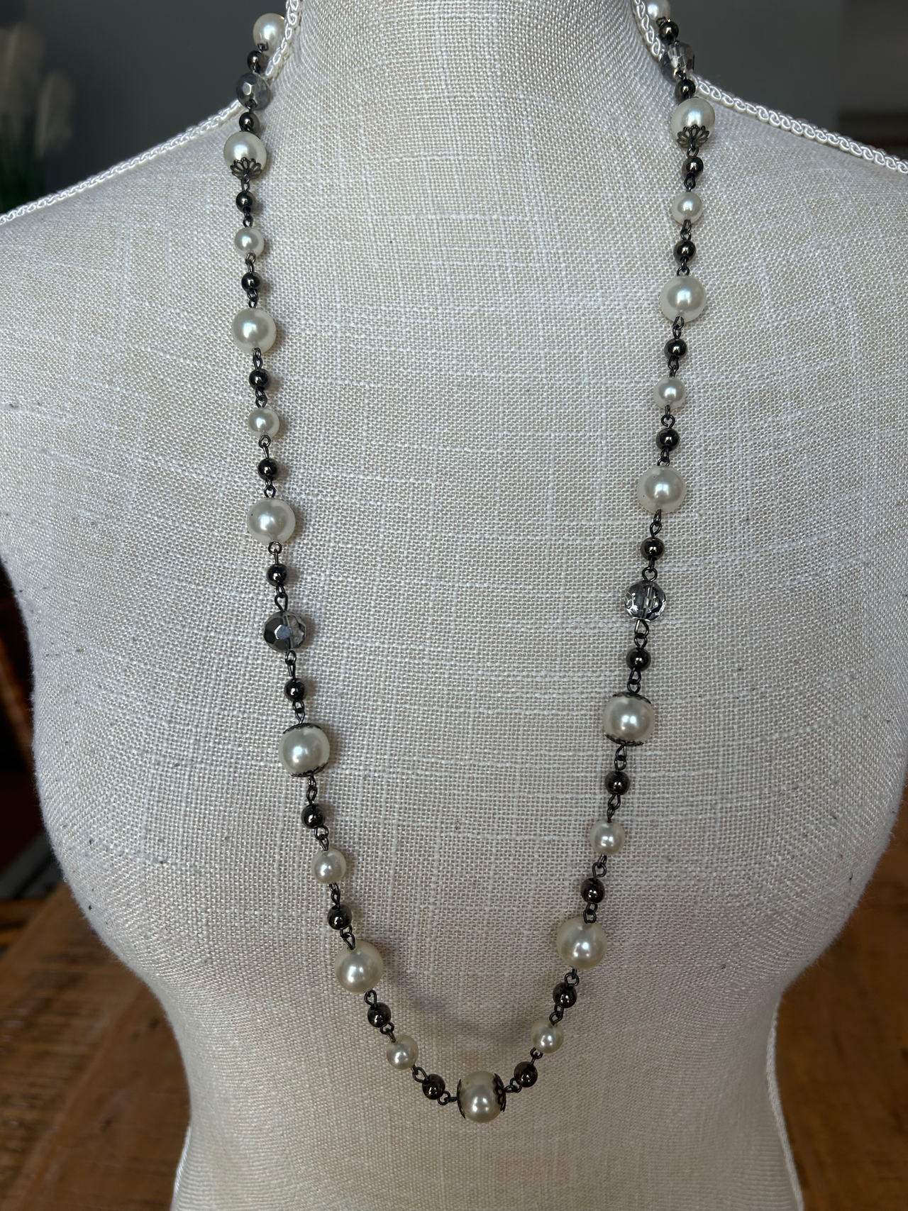 Long Faux Pearl Beaded Necklace