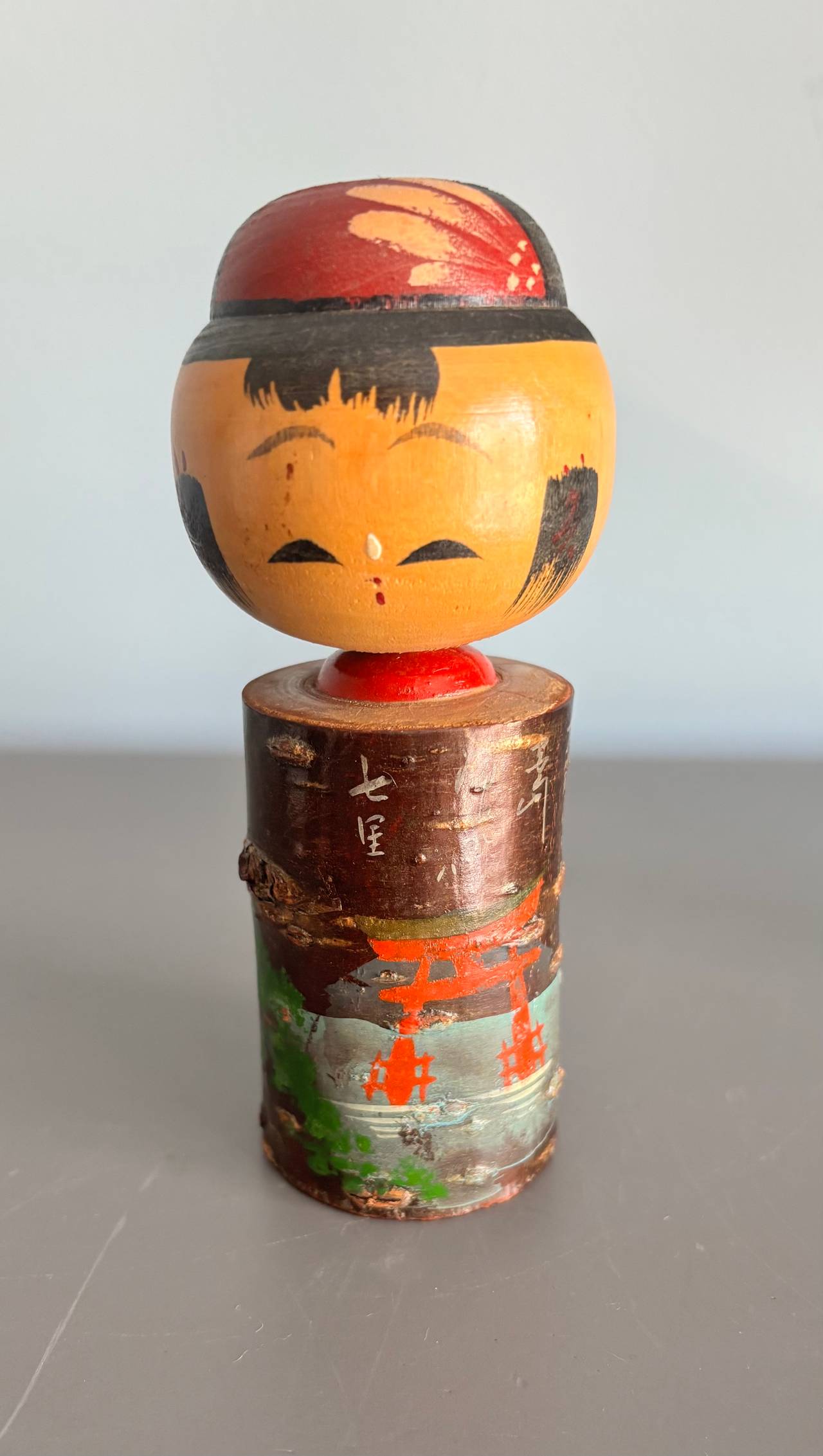 Vintage Japanese Kokeshi Doll with Bark Body