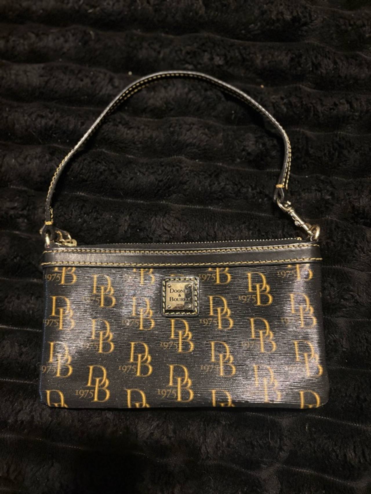 Dooney & Bourke 1975 Signature Large Slim Wristlet Black Canvas with Tan Trim