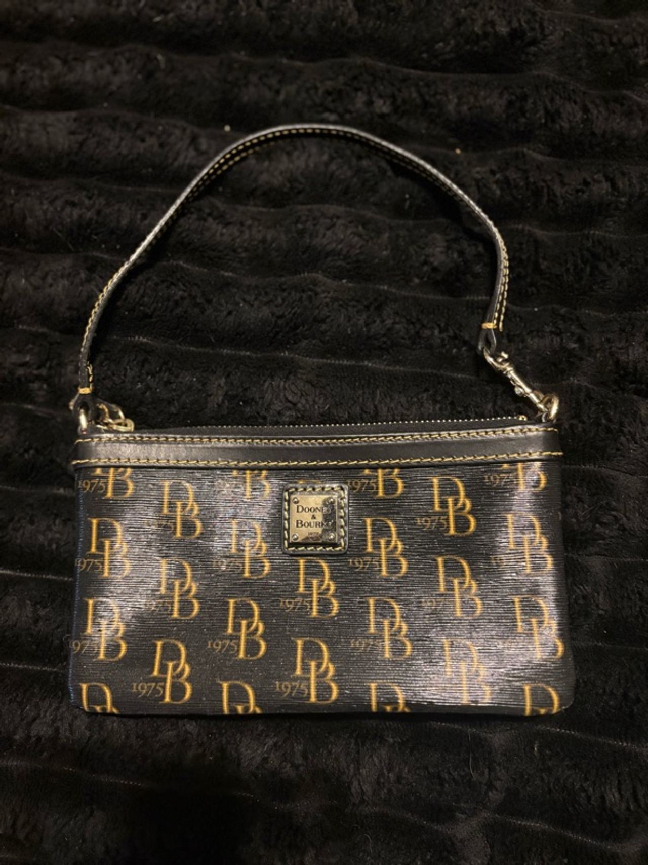 Dooney & Bourke 1975 Signature Large Slim Wristlet Black Canvas with Tan Trim