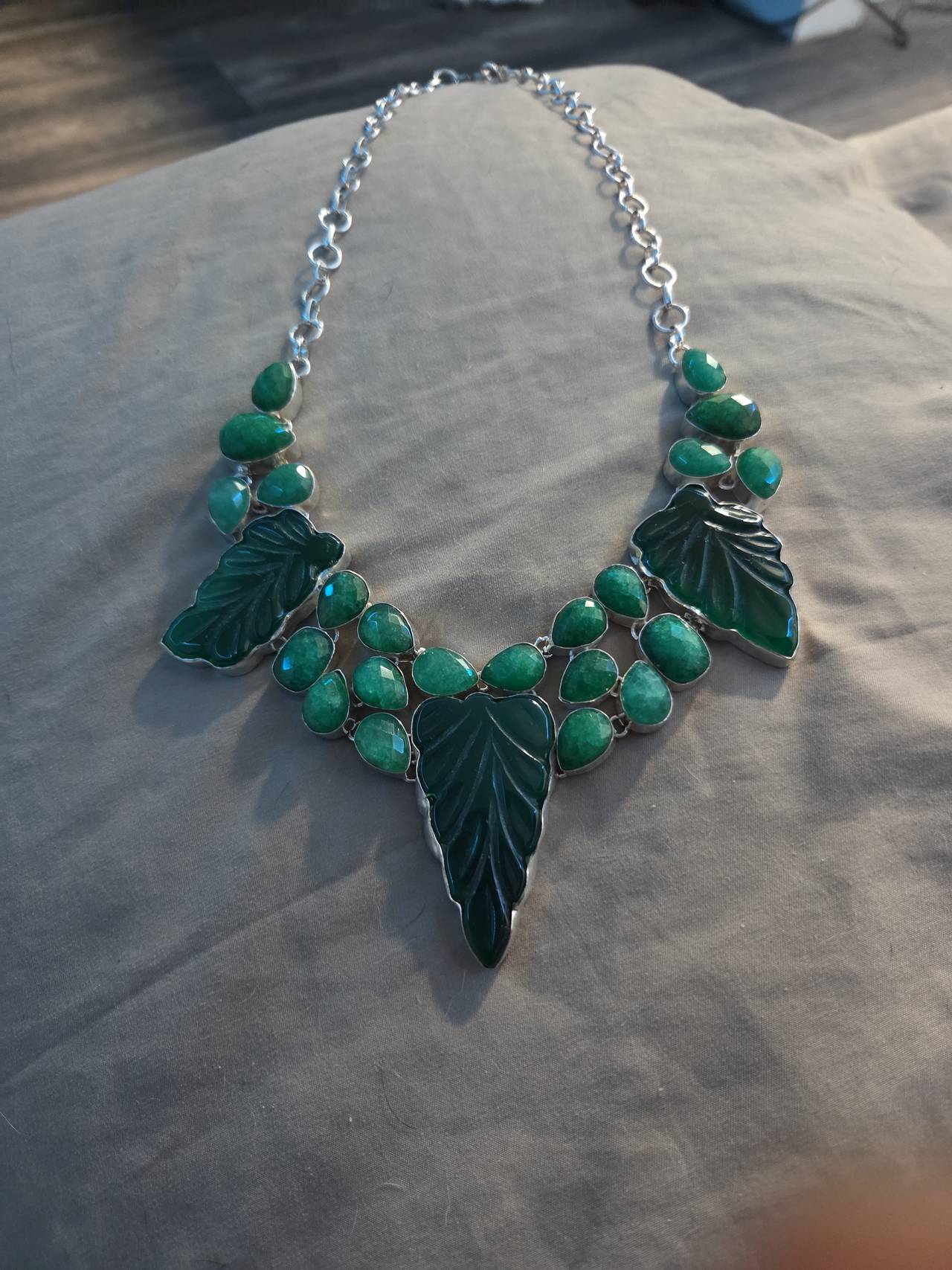 Carved Green Stone Leaf Statement Necklace