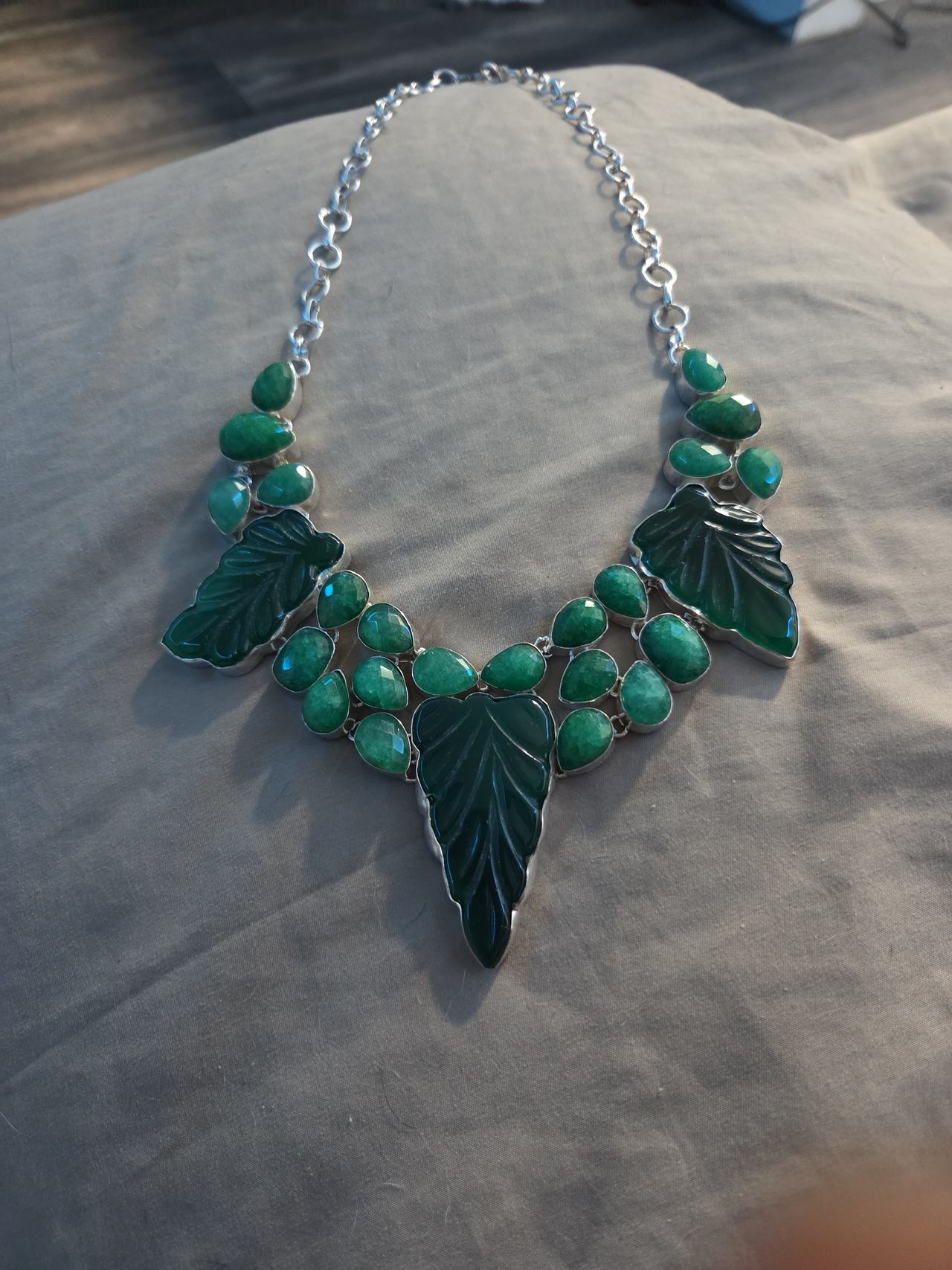 Carved Green Stone Leaf Statement Necklace