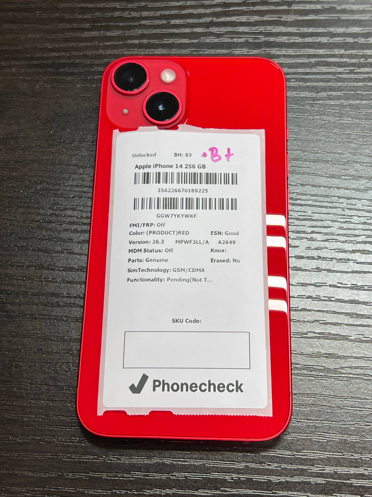 Apple iPhone 14 256GB (PRODUCT)RED unlocked 83% battery health