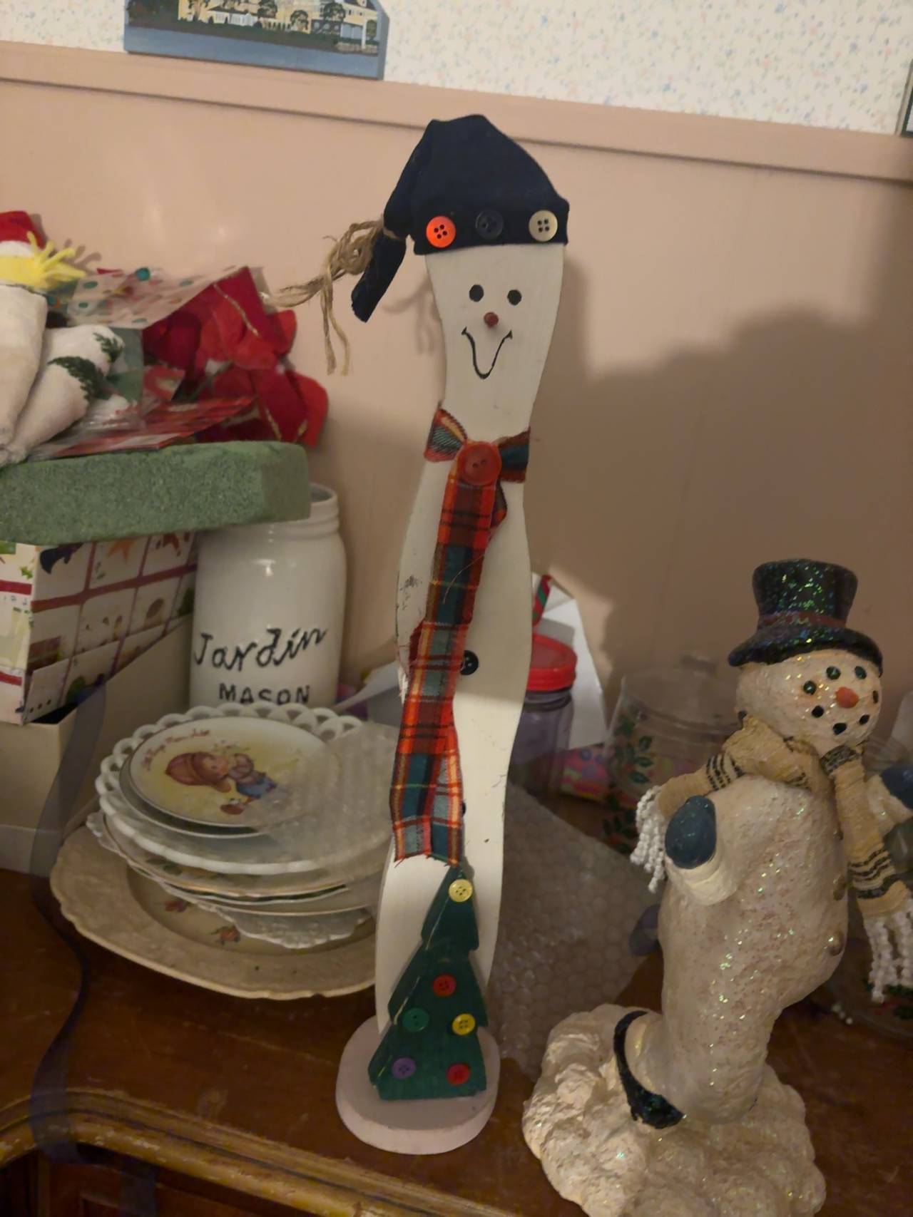 Wooden Snowman Figurine