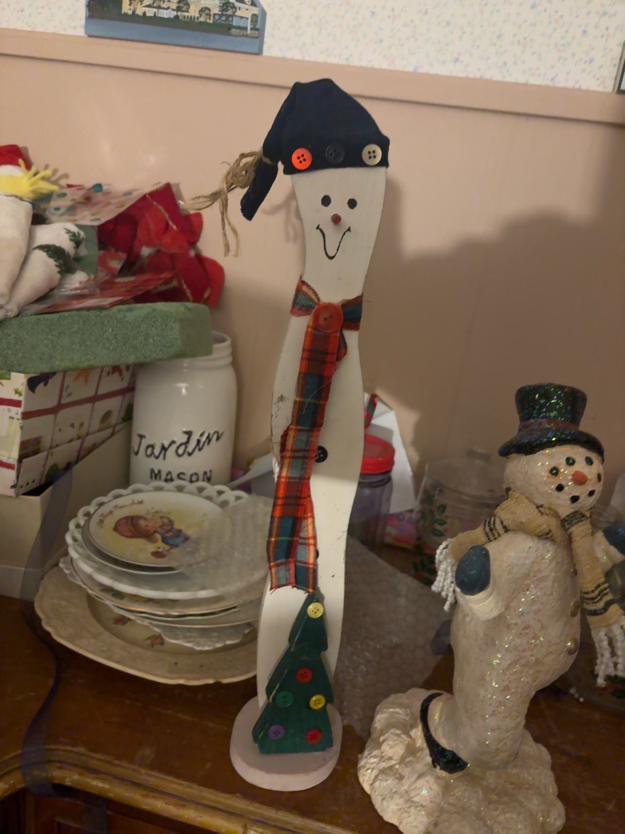 Wooden Snowman Figurine