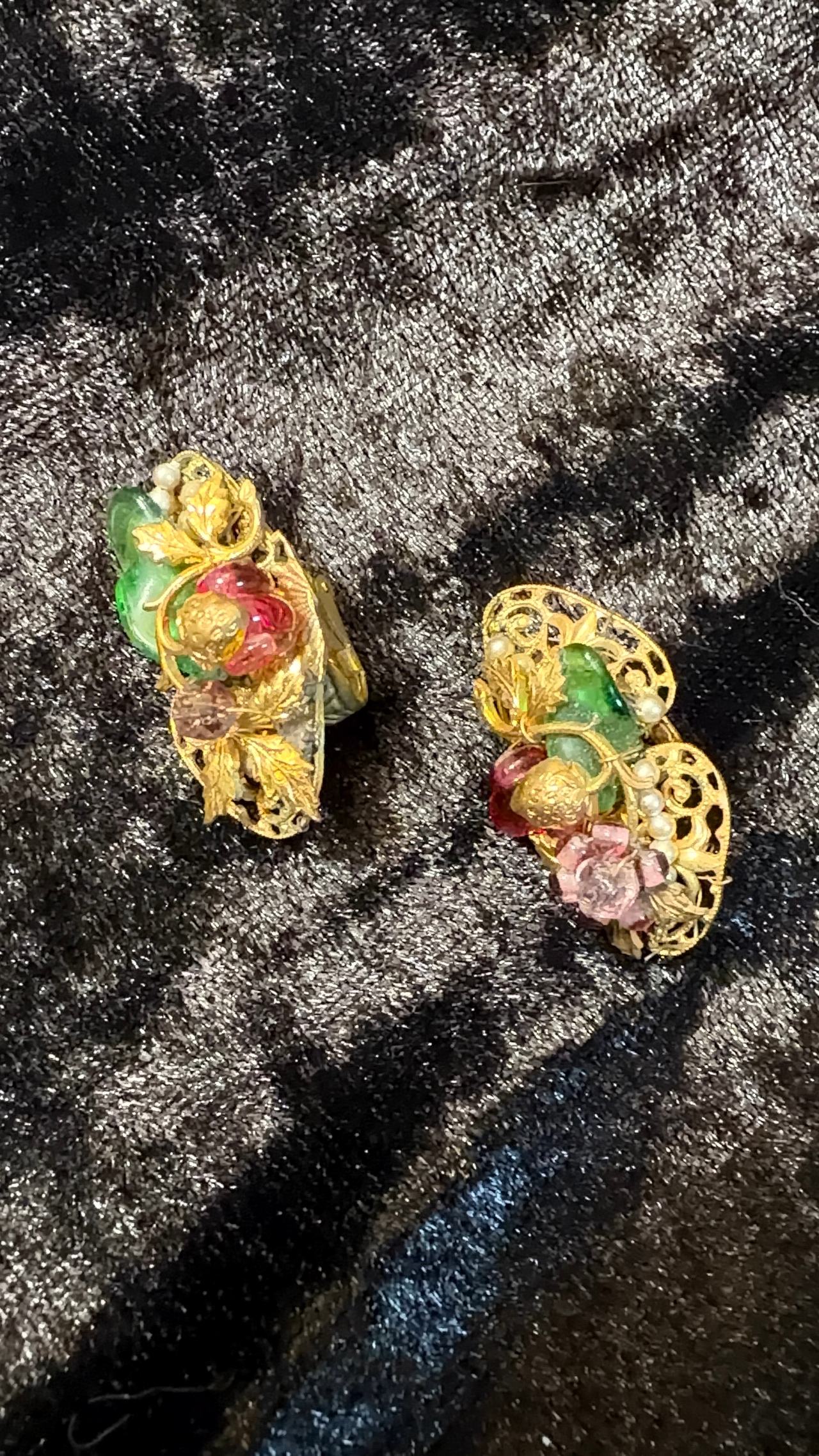 Vintage Fruit Salad Glass Bead Clip-On Earrings