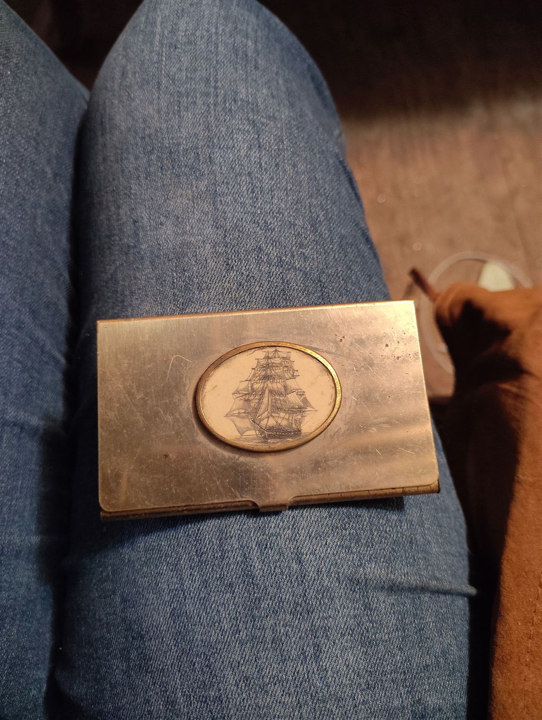 Vintage Brass Sailing Ship Business Card Case