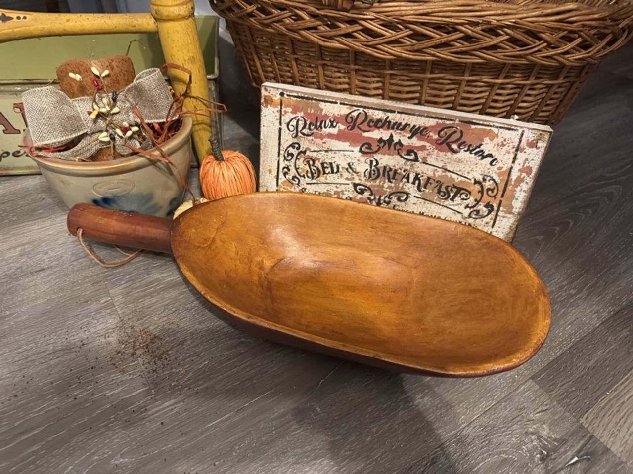 Vintage Treenware  Carved Wooden Scoop Large Farmhouse Style
