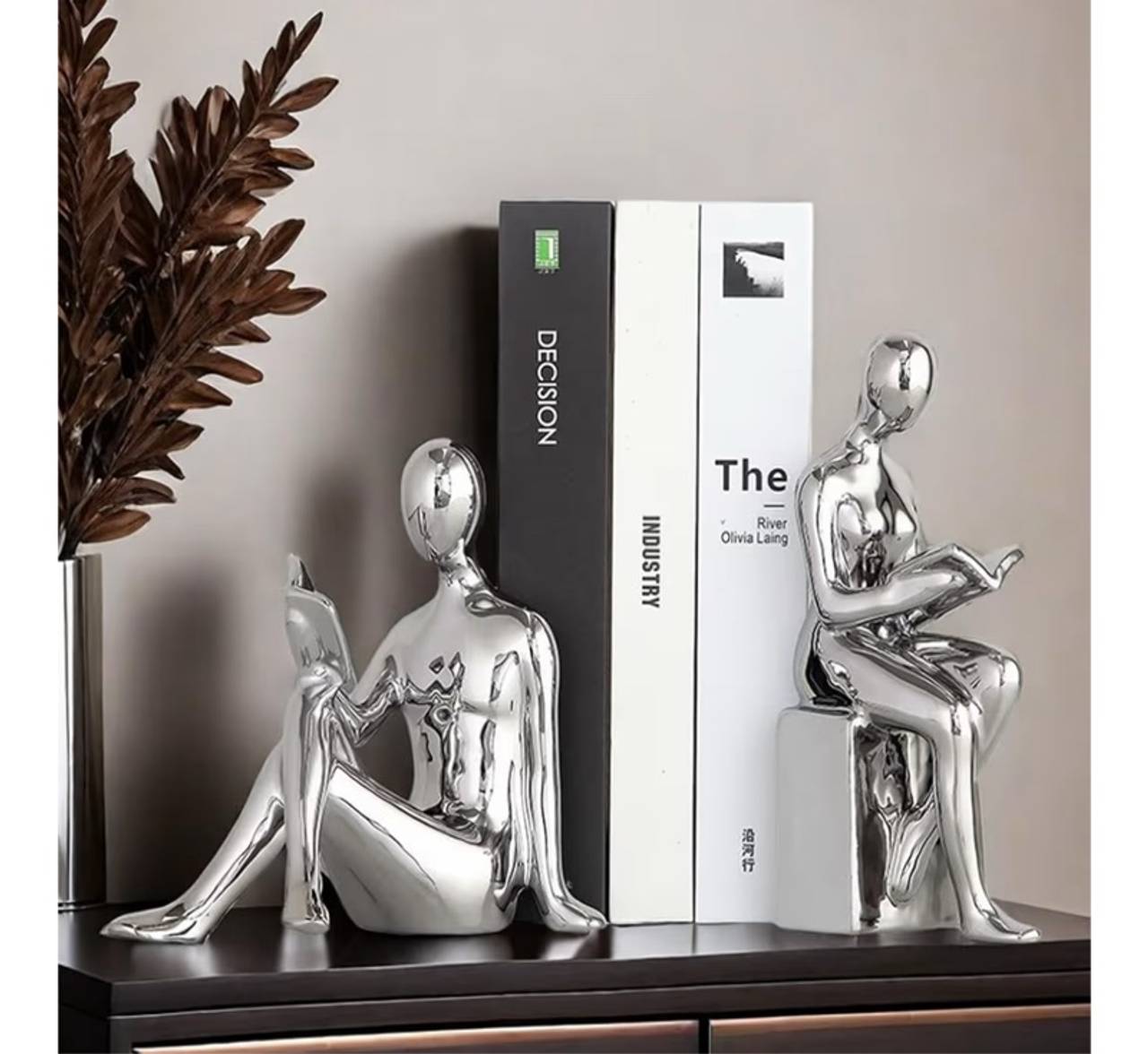 Home Decorative Reading Book Statue Bookends Elegant Ceramic Bookshelf 2-Set