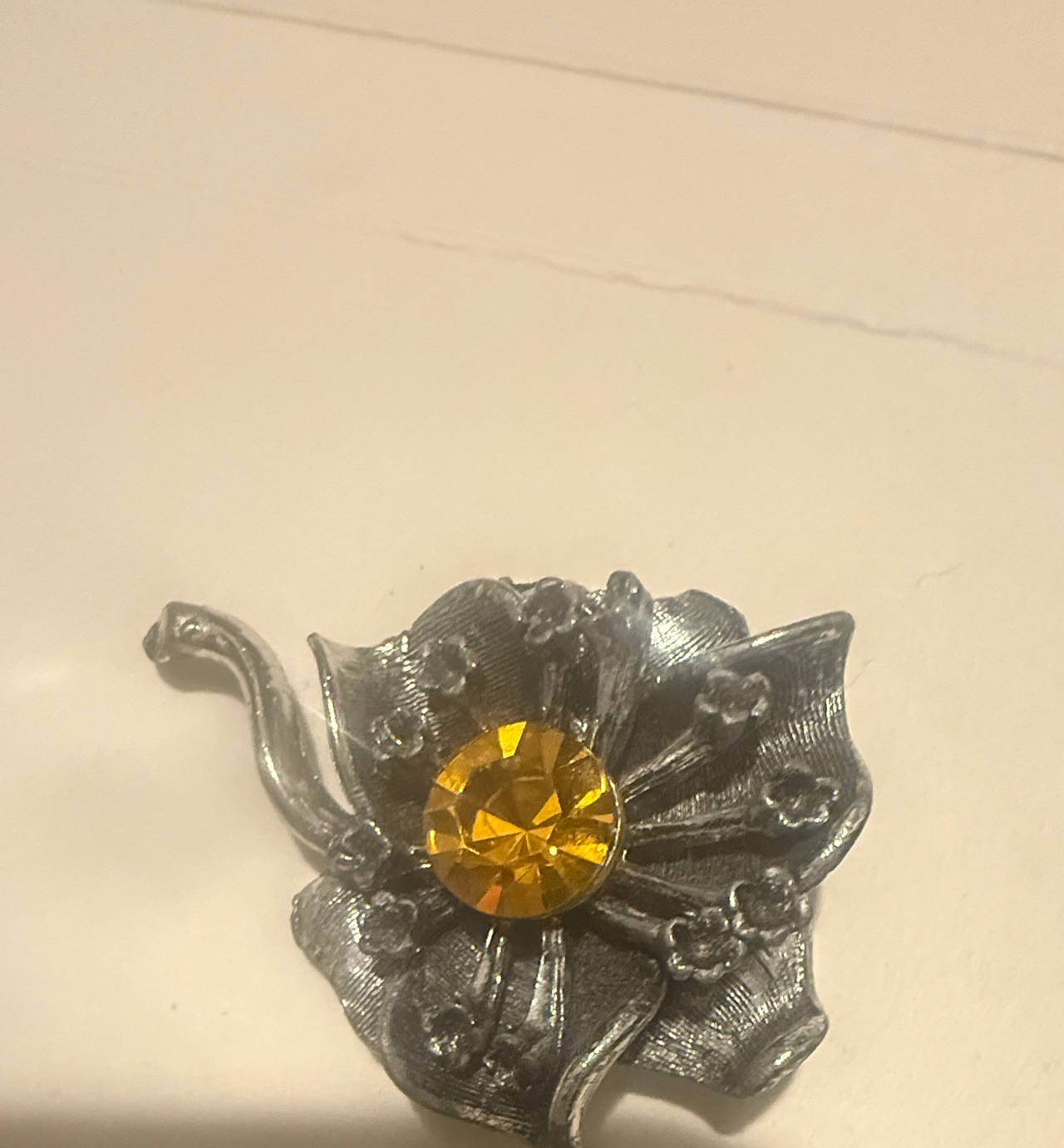 Vintage Silver Tone Flower Brooch with Yellow Rhinestone