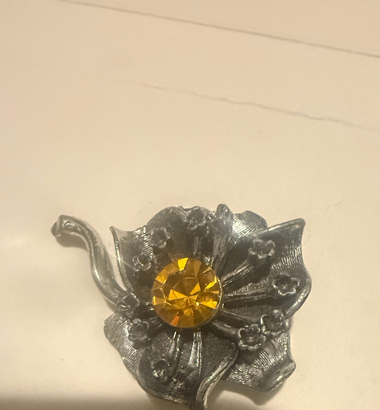 Vintage Silver Tone Flower Brooch with Yellow Rhinestone