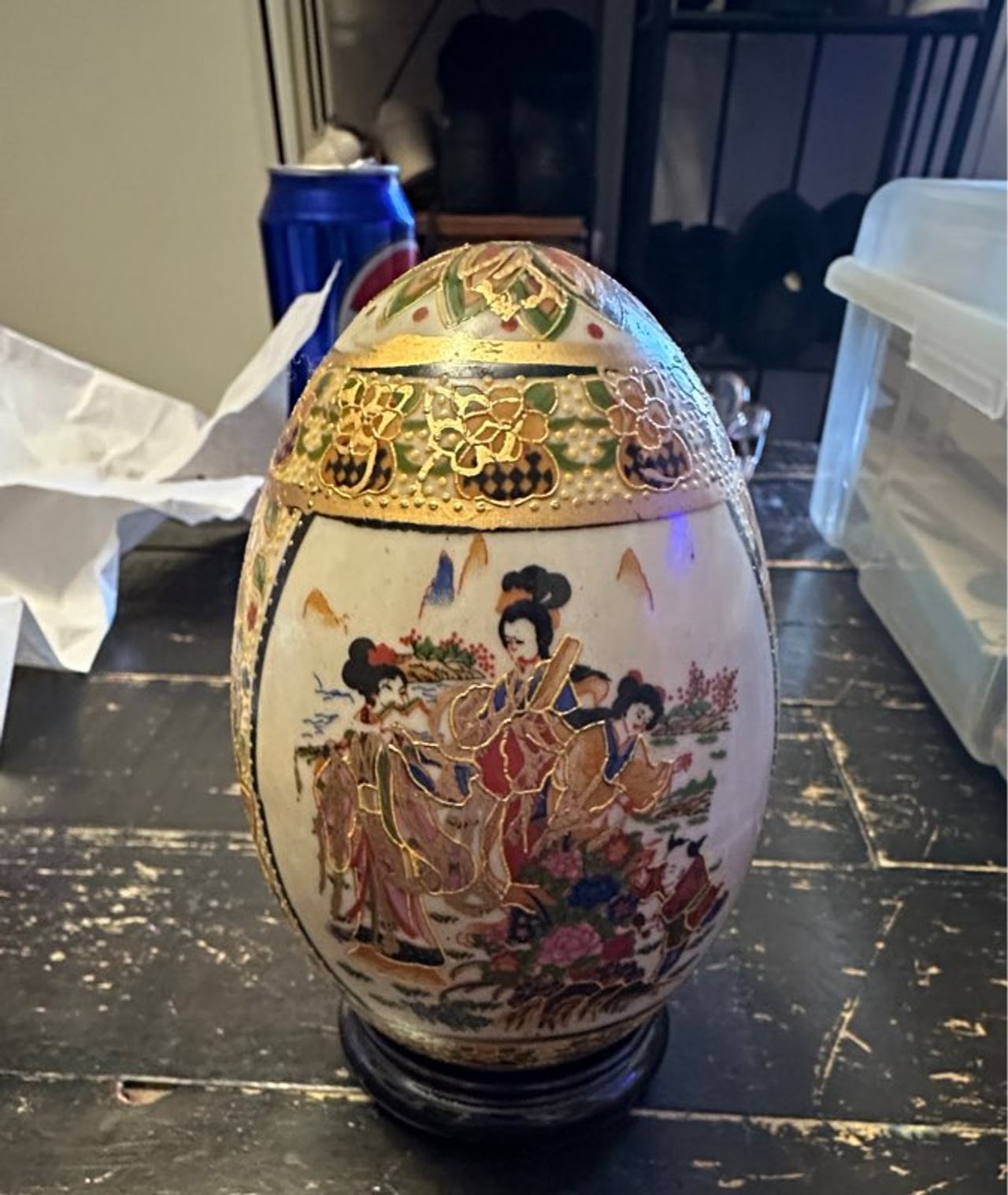 Vintage Satsuma Style Porcelain Egg with Wooden Stand