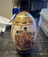 Vintage Satsuma Style Porcelain Egg with Wooden Stand - Image 1
