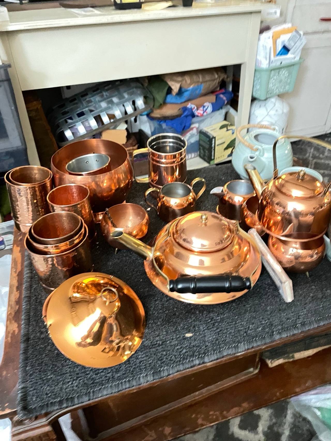 Vintage Copper Tea Kettle and Mug Set
