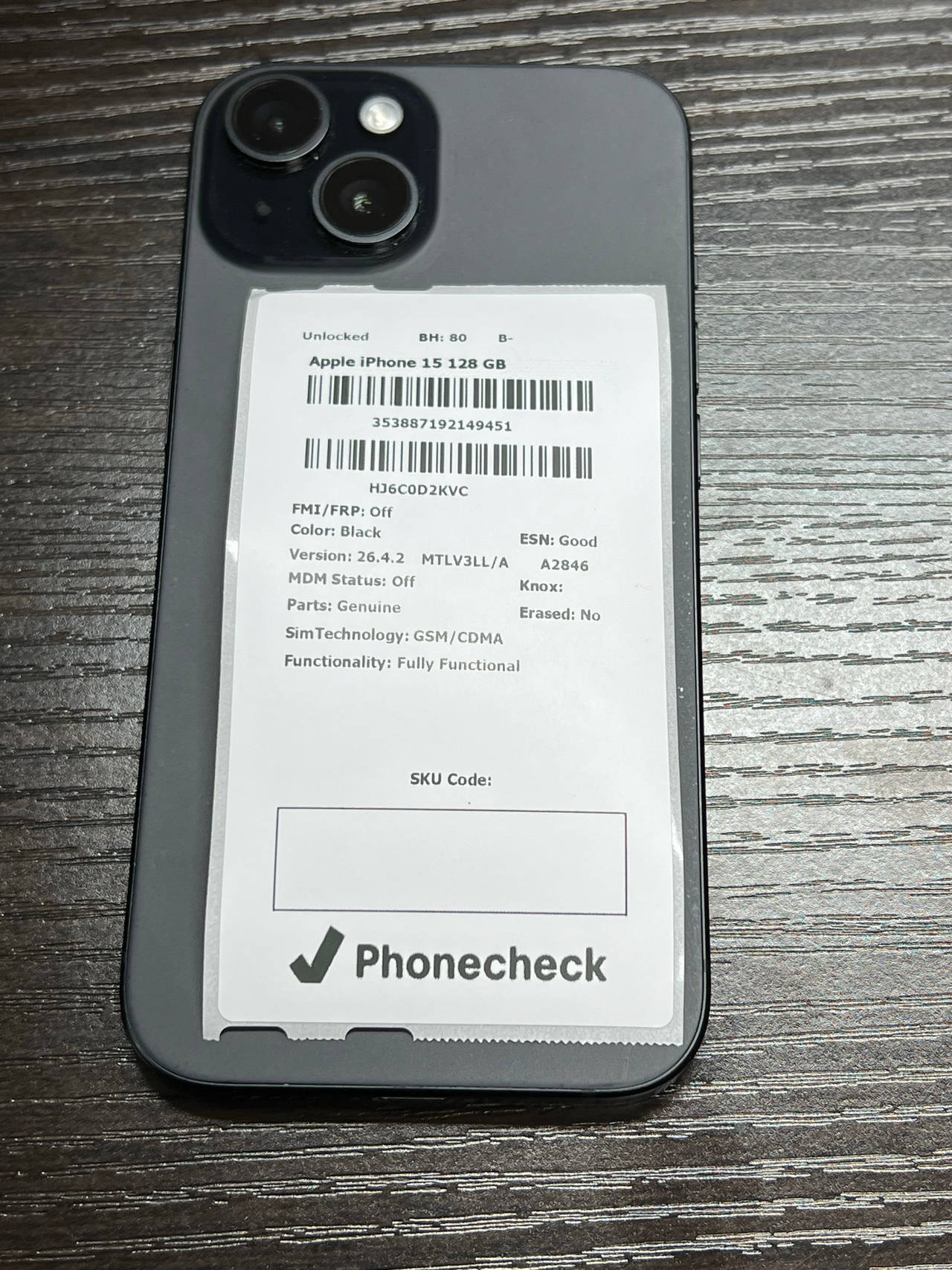 Apple iPhone 15 128GB Black Unlocked - 80% Battery Health