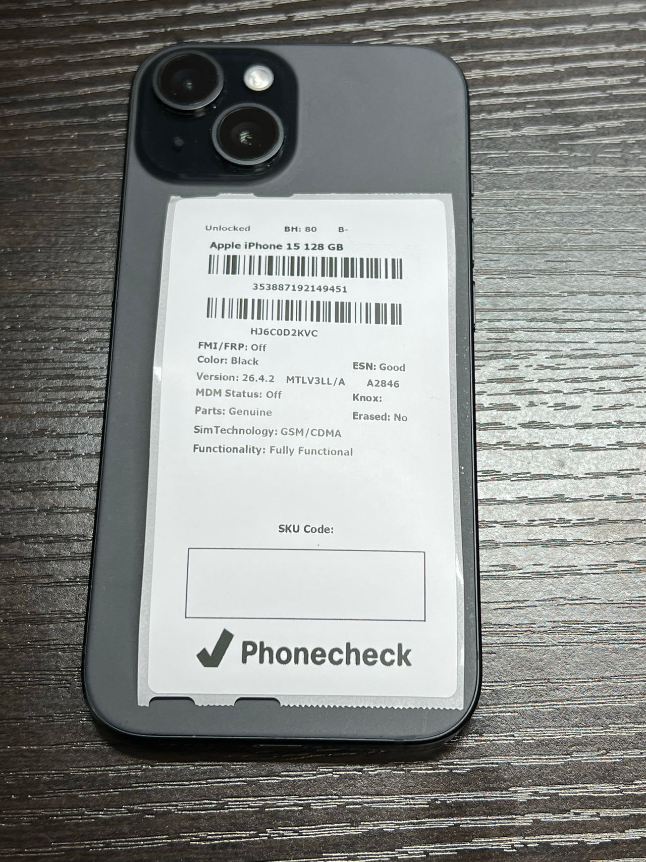 Apple iPhone 15 128GB Black Unlocked - 80% Battery Health