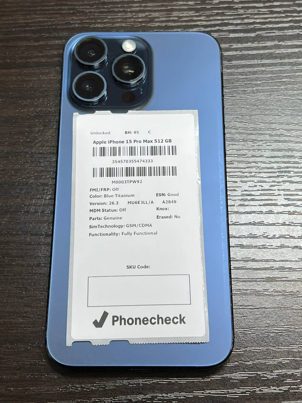 Apple iPhone 15 Pro Max 512GB Blue Titanium unlocked 85% battery health