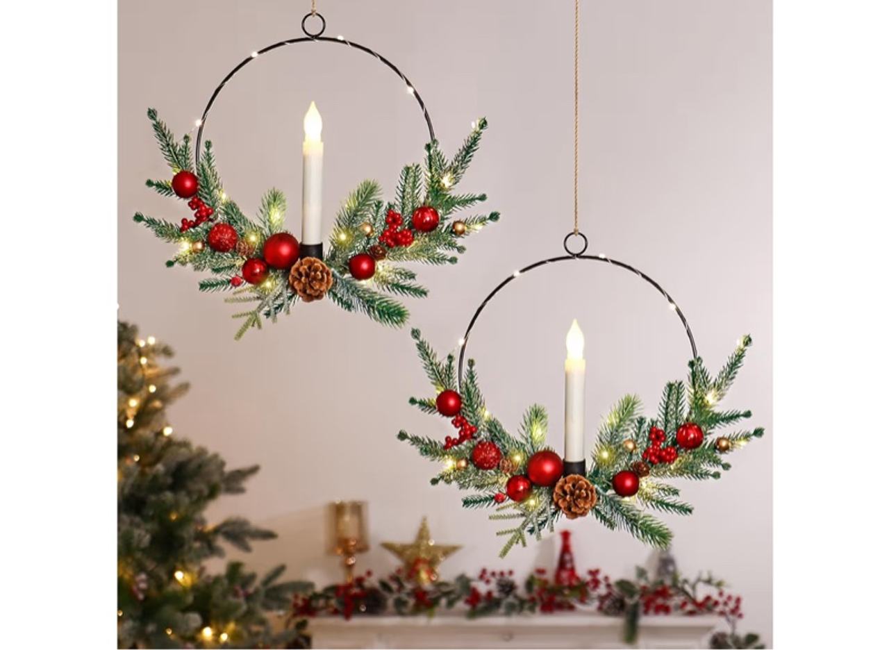 Christmas Wreaths,2Pack 16 Inch Christmas Door Wreaths with LED Taper Candles