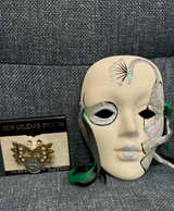 New Orleans Mardi Gras Ceramic hand painted Mask and Brooch Set - Image 1