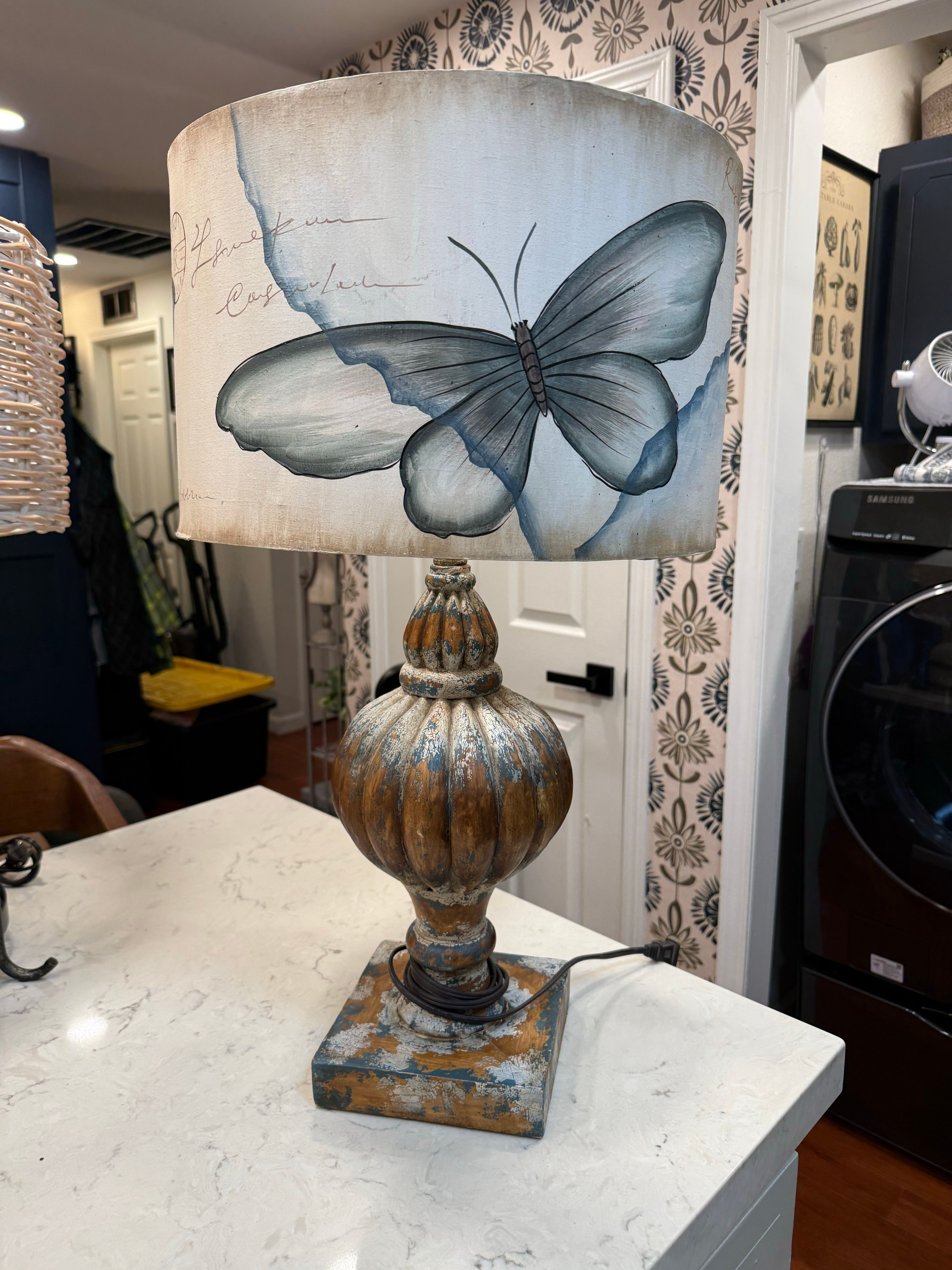 Distressed Table Lamp with Butterfly Shade