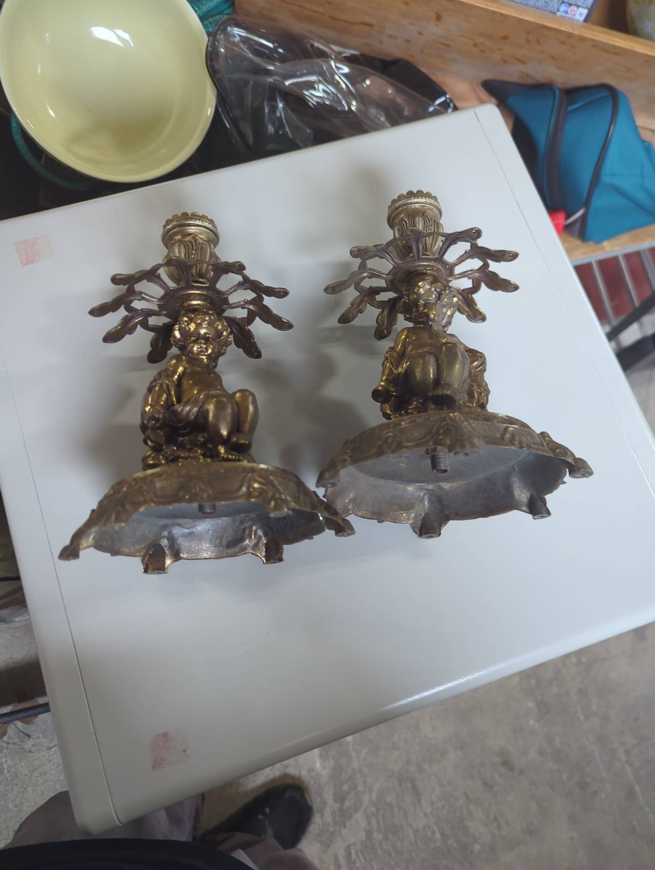 Vintage Brass Cherub Candlestick Holders Pair