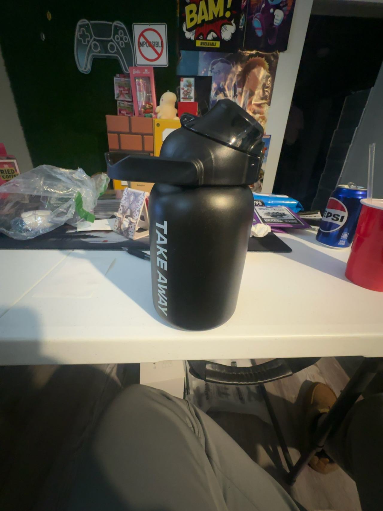 Stainless Steel Insulated Water Bottle Black Canister TAKE AWAY Lid and Hand