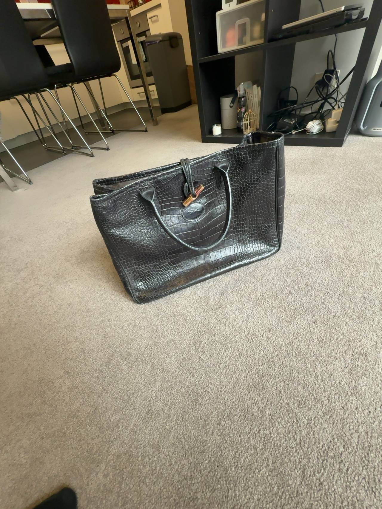 Longchamp Roseau Tote Black Croc-Embossed Leather