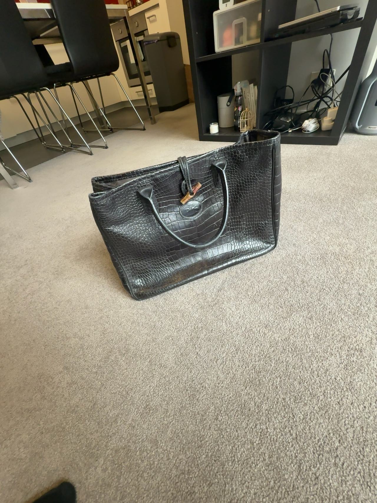 Longchamp Roseau Tote Black Croc-Embossed Leather