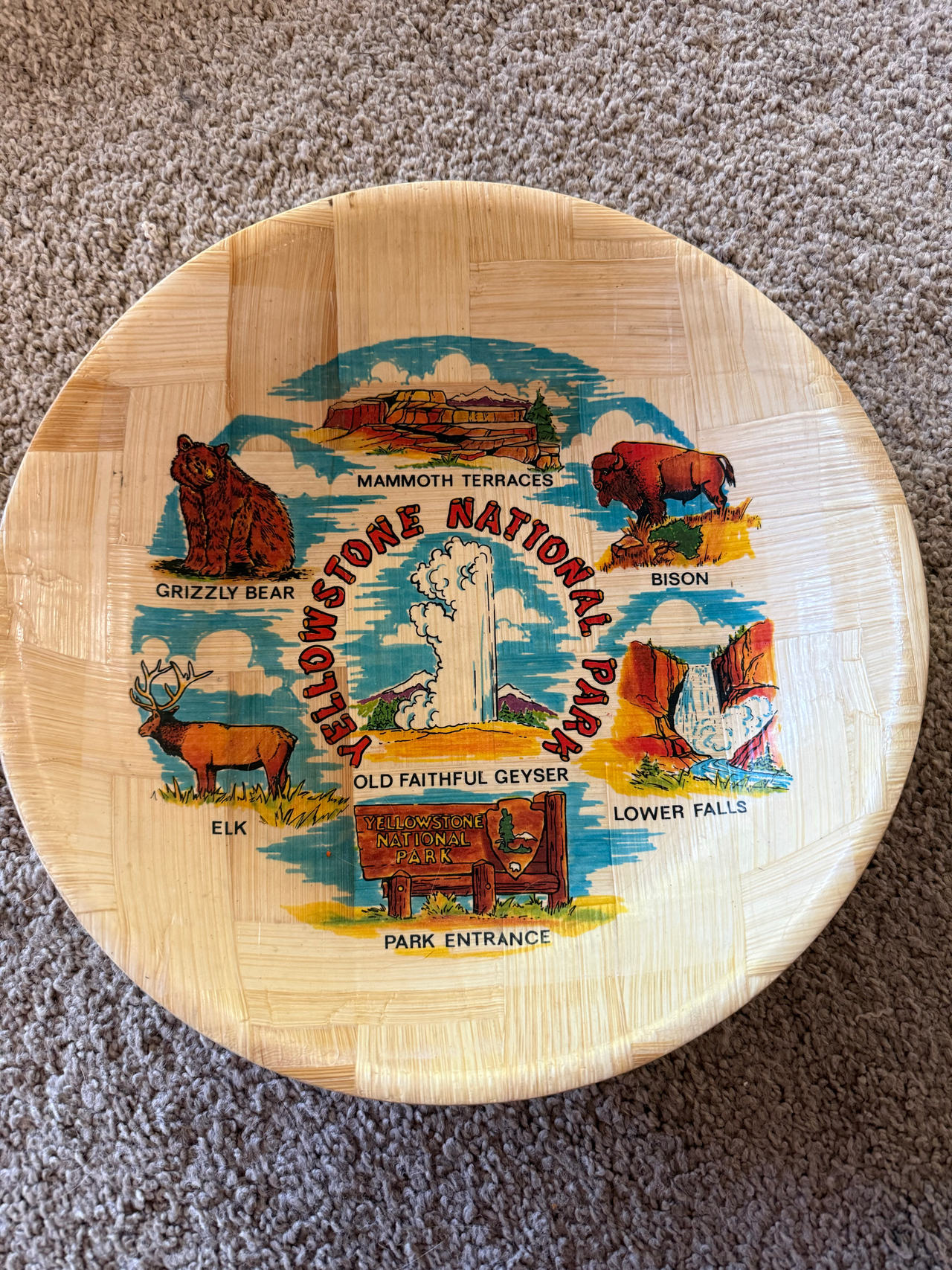 Vintage Yellowstone National Park Woven Wood Souvenir Bowl
