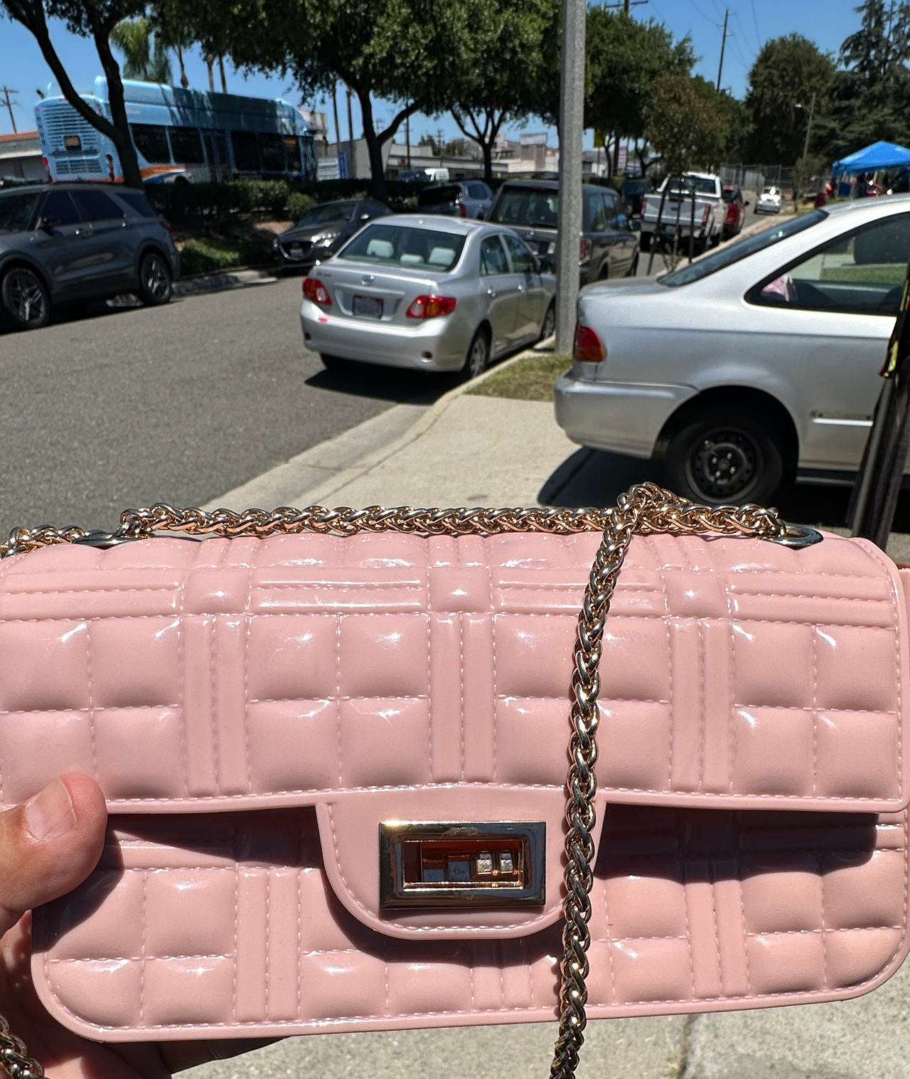 Pink Quilted Patent Shoulder Bag