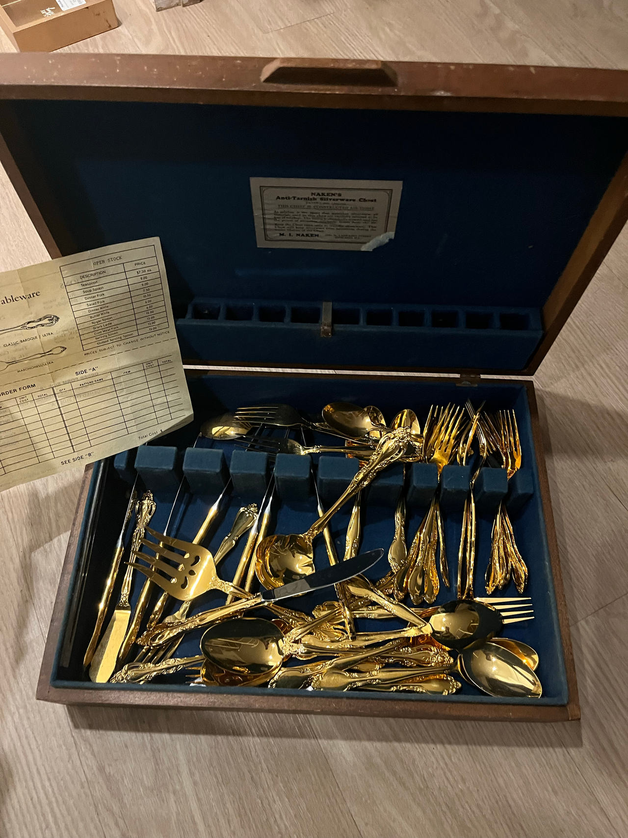 Oneida Golden Juilliard Gold Electroplated Flatware Set in Wood Chest