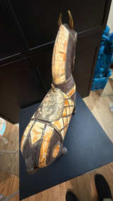 Vintage Hand-Carved Wooden Horse Sculpture with Brass & Copper Inlay - Image 3