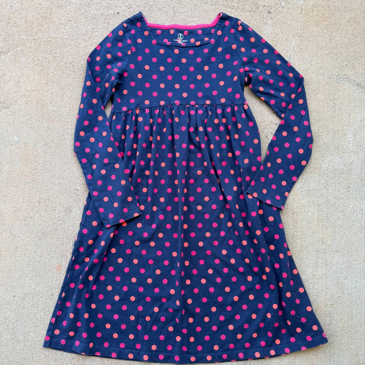 Lands’ End Girls Size L 6x/7 Long Sleeve Polka Dot Dress Navy Pink Orange 