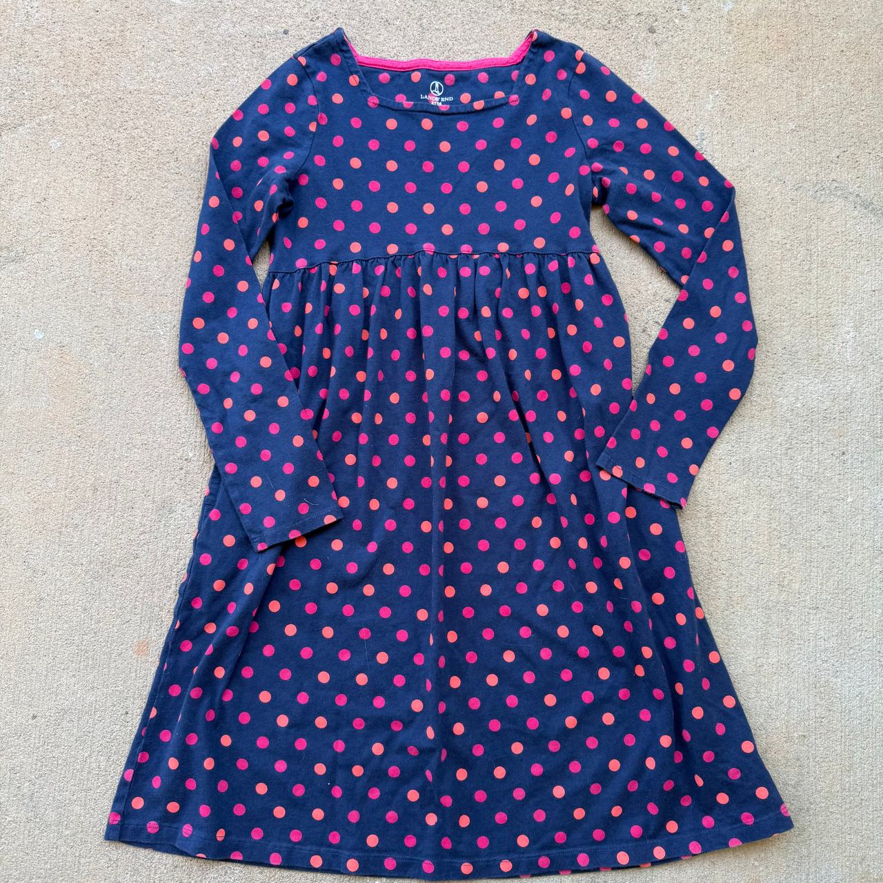 Lands’ End Girls Size L 6x/7 Long Sleeve Polka Dot Dress Navy Pink Orange 