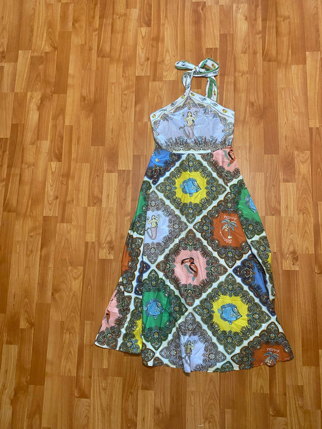 Women’s Boho Halter Maxi Dress Small | Trippy Fish Toucan Print Summer