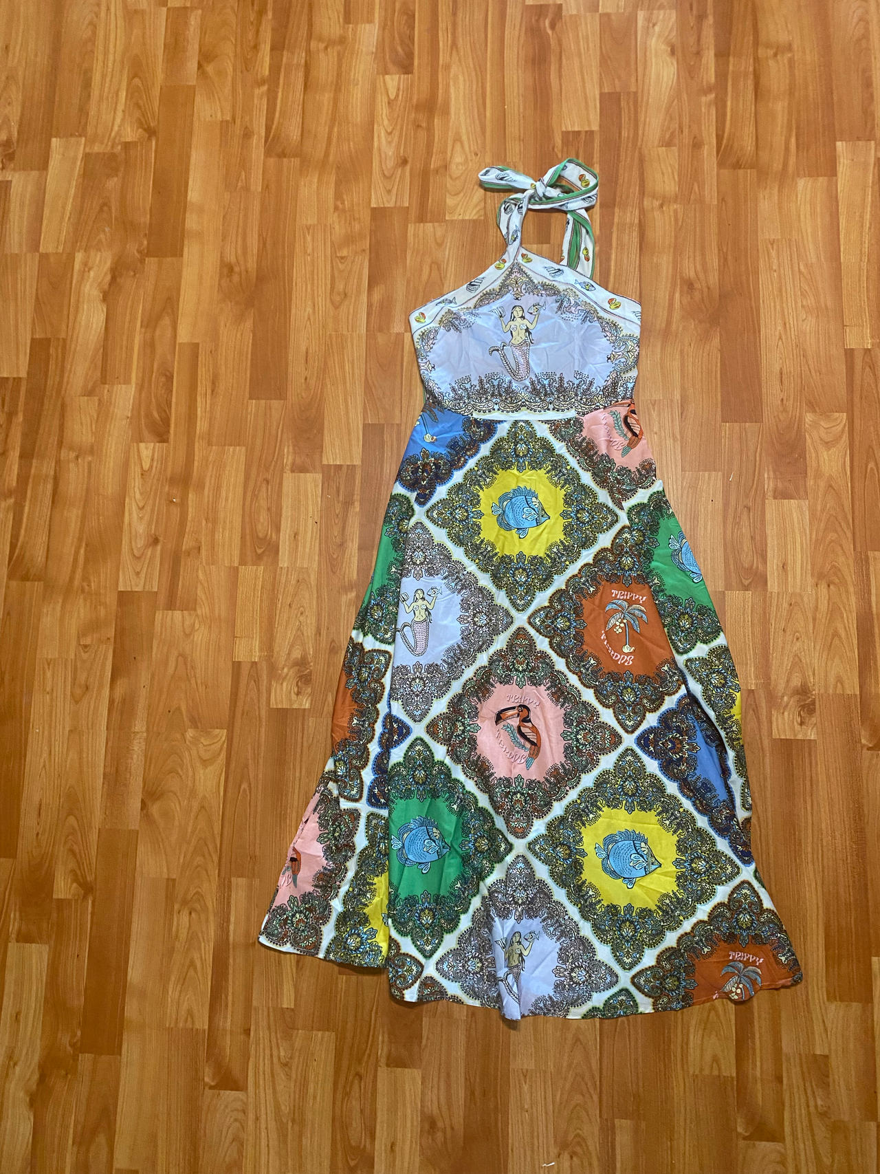 Women’s Boho Halter Maxi Dress Small | Trippy Fish Toucan Print Summer