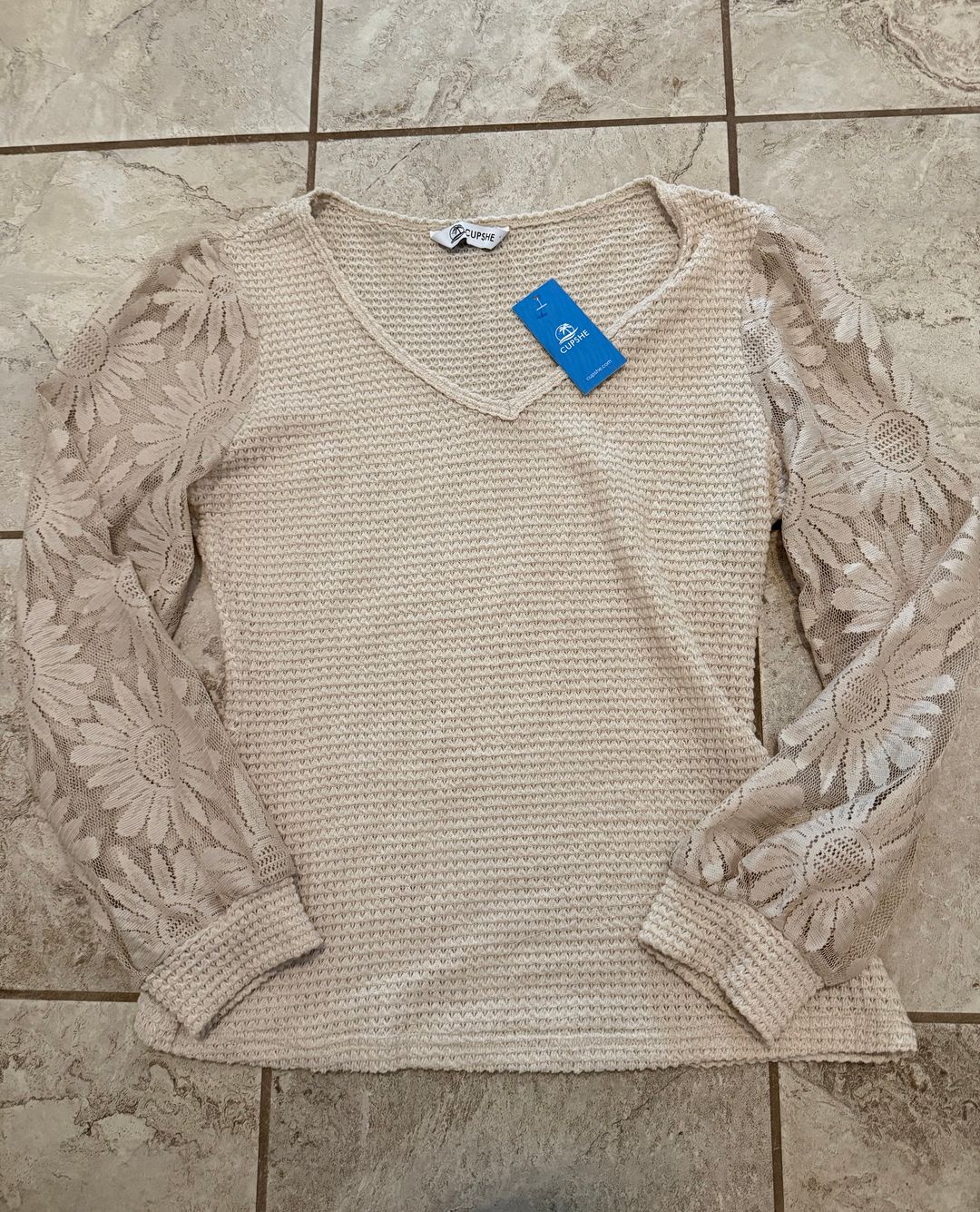 Cupshe Floral Lace Sleeve Waffle Knit Top