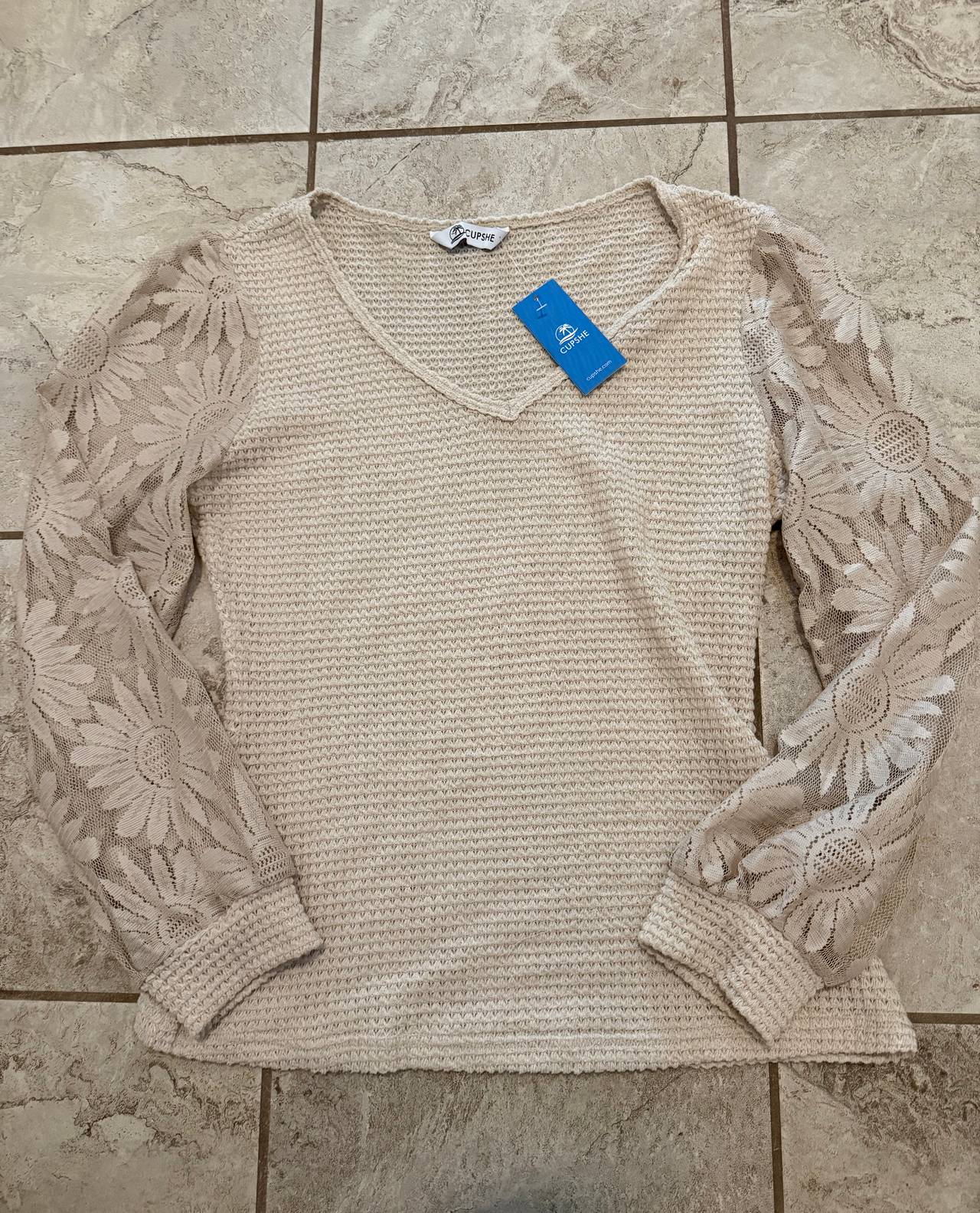 Cupshe Floral Lace Sleeve Waffle Knit Top